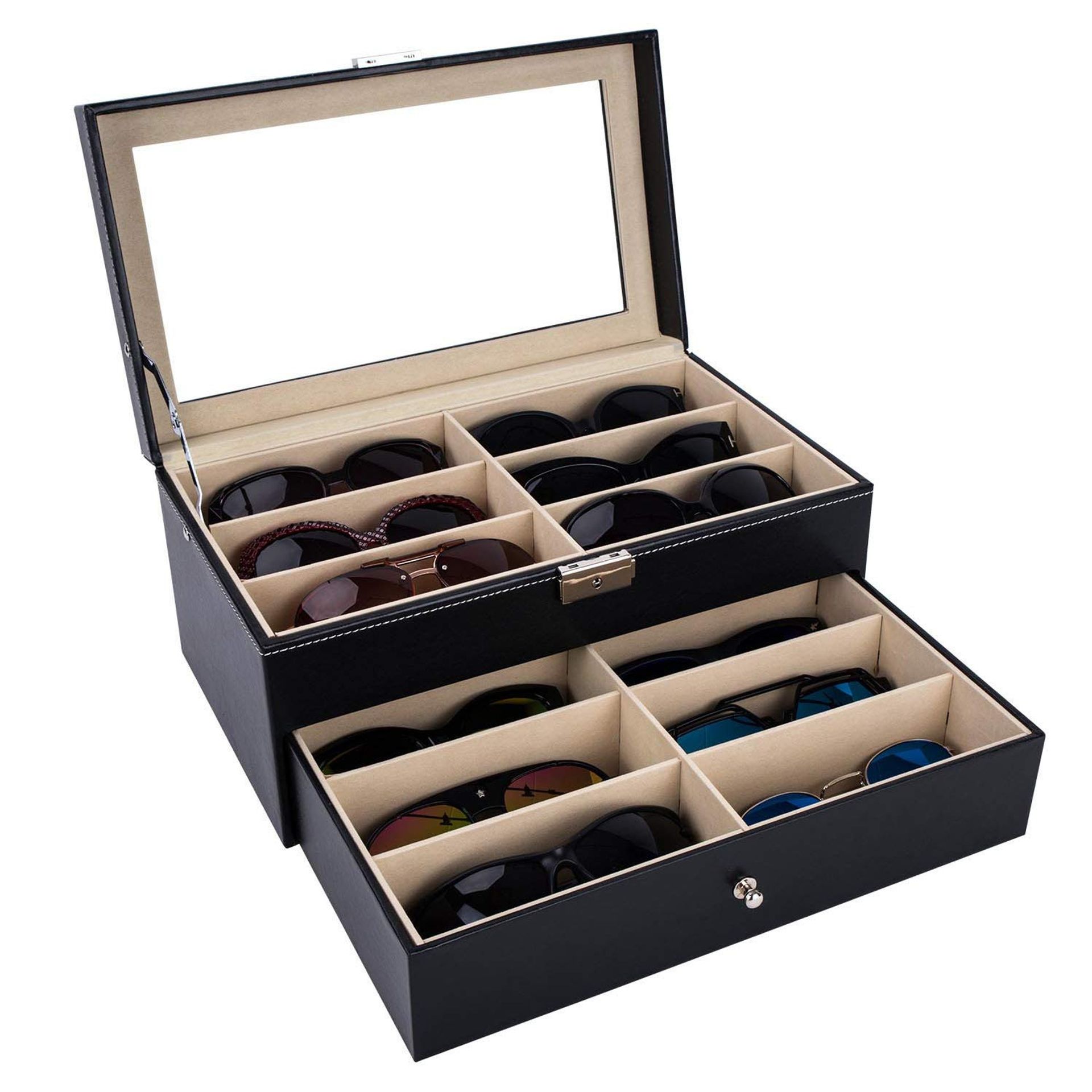 Leather Eyeglasses & Sunglasses Display Case 12 Slot Lockable Drawer Organiser - Black 12 Compartments