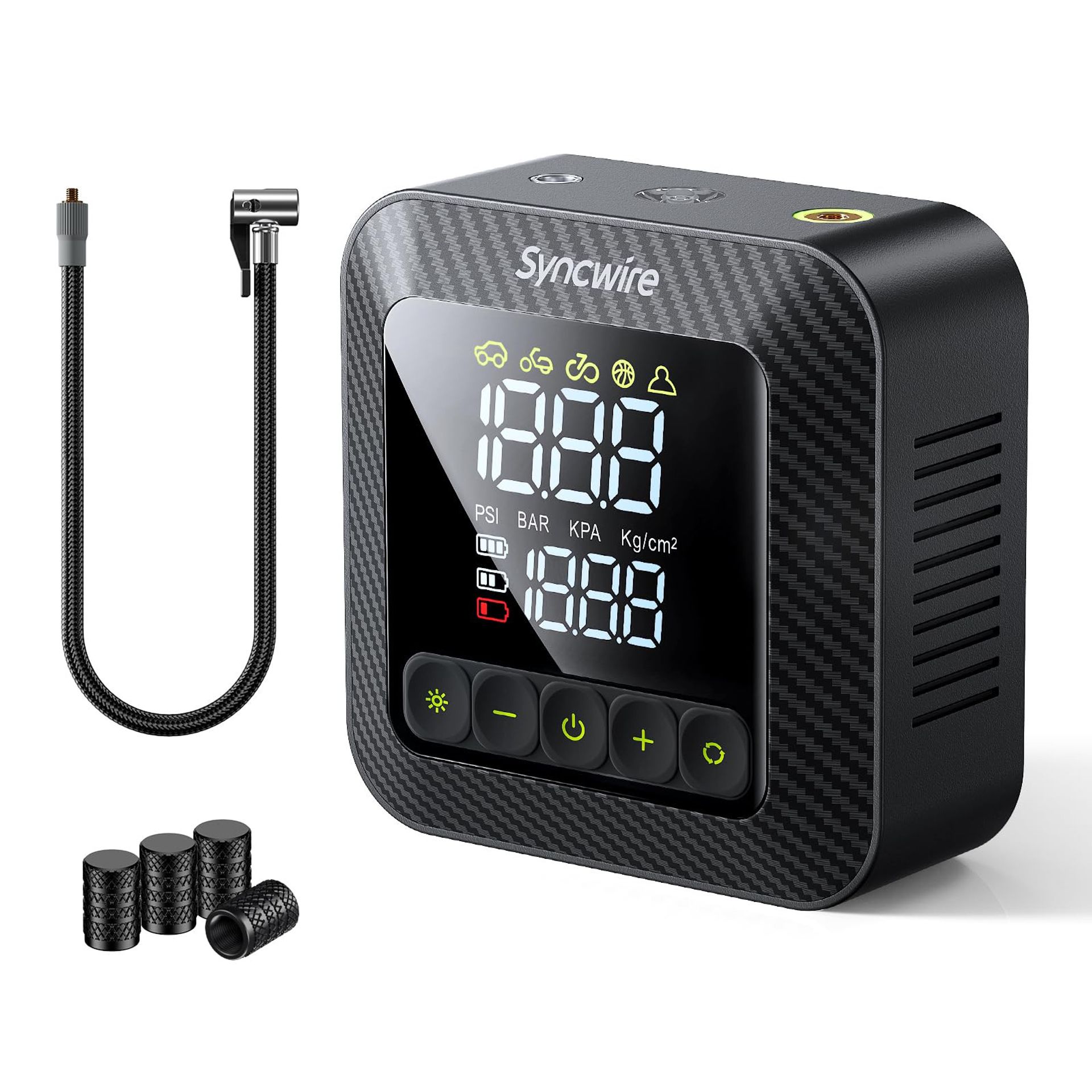 Portable Tyre Inflator Electric Air Compressor 150PSI Fast Inflation with LCD Display LED Light and Auto-Off - Carbon Fibre SW2005