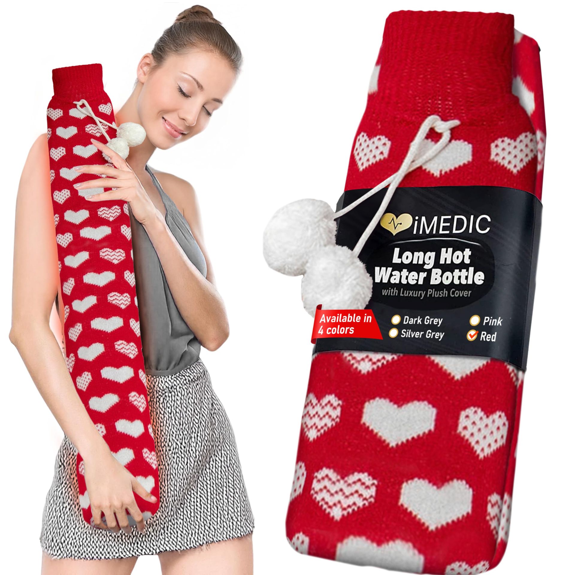 Extra Long Hot Water Bottle 2L with Soft Fleece or Knit Cover for Comfort & Pain Relief - Red XL