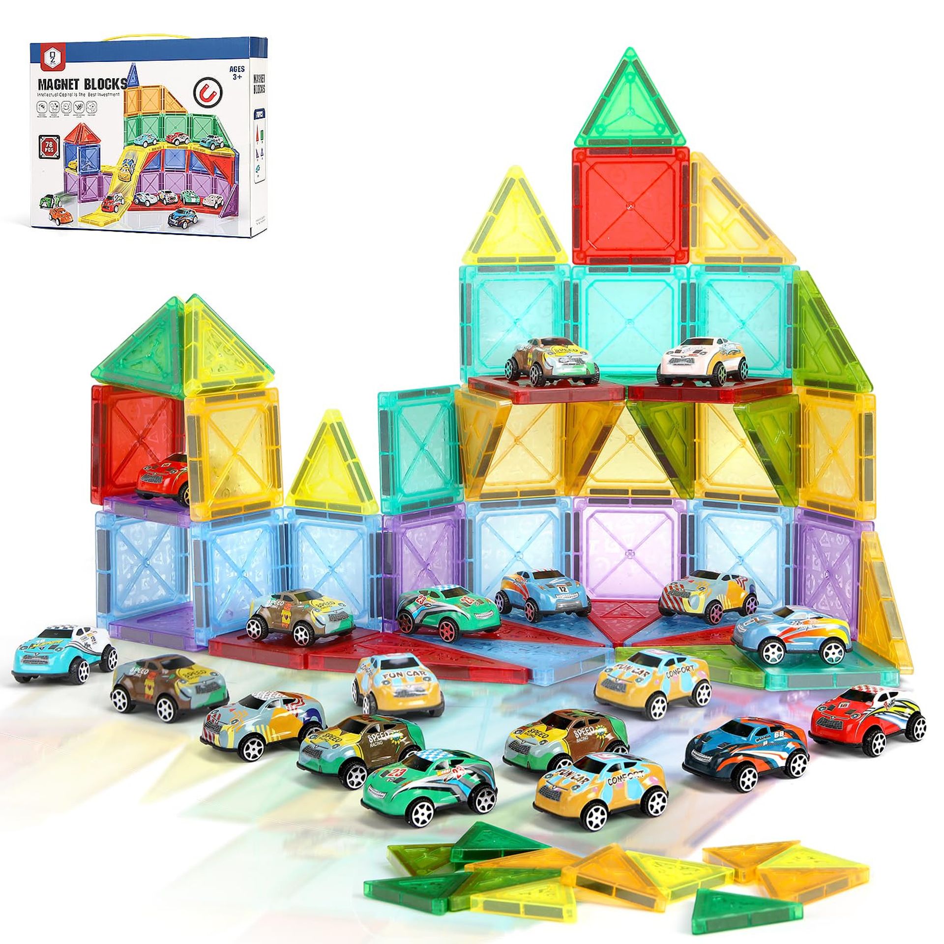 Magnetic Building Blocks 78-Piece STEM Construction Toy Set for Kids with Car Bases Educational Gift Age 3+ - Colourful 29x23x7cm