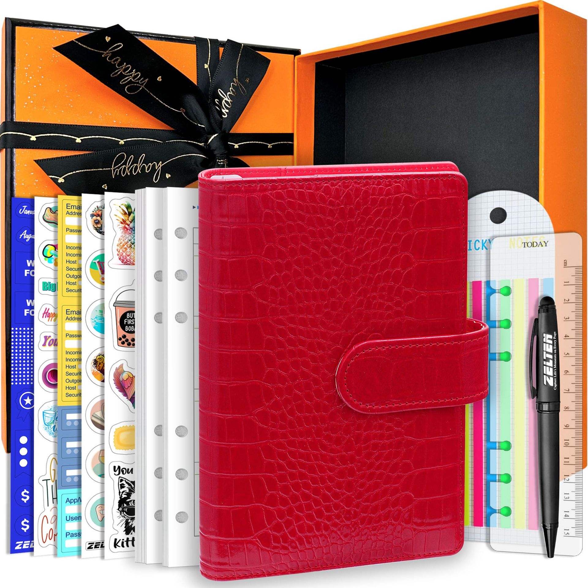 PU Leather Personal Notebook Planner 6-Ring Binder with Pen Holder and Magnetic Buckle - Red Crocodile Pattern A6 Gift Box - Student Essentials