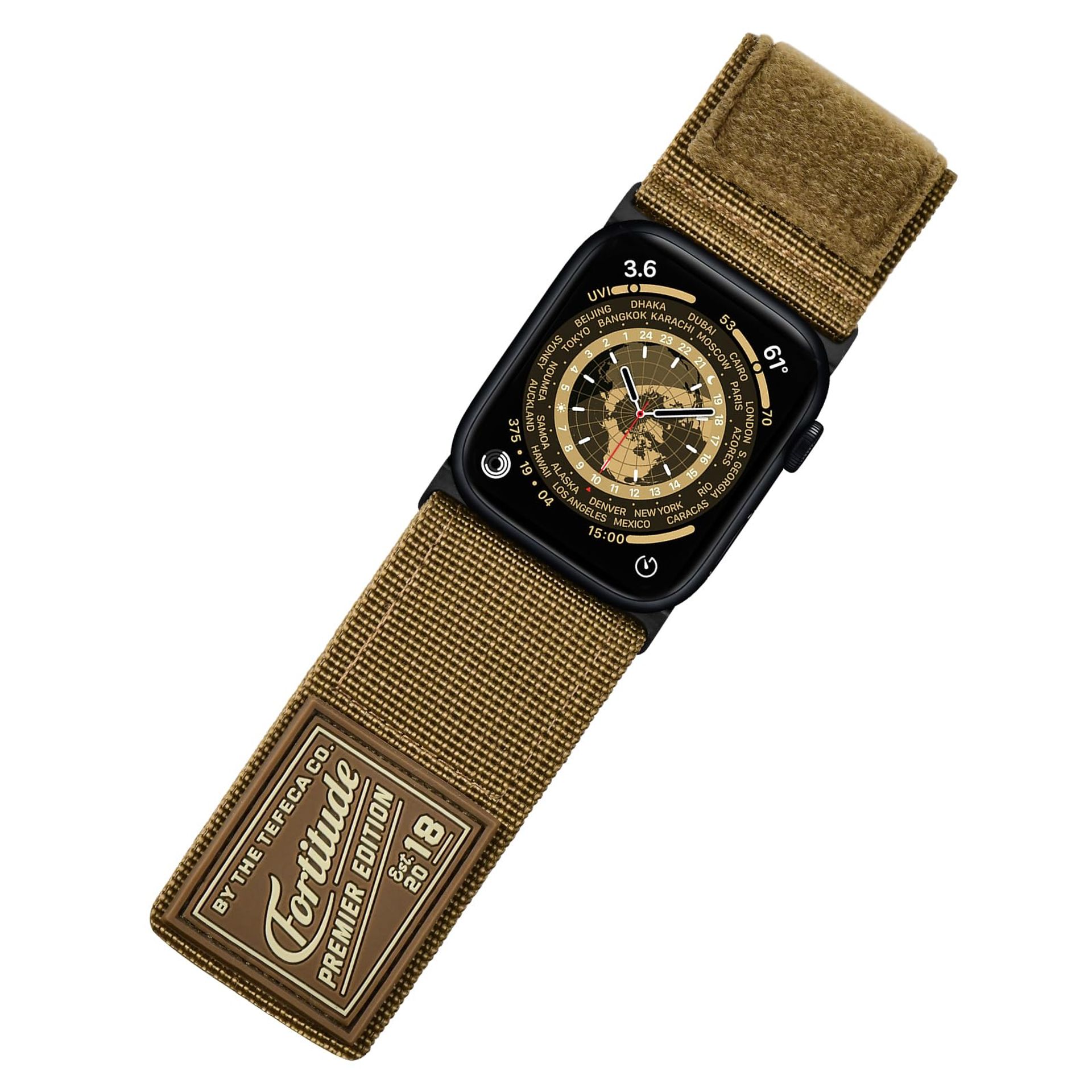 Fortitude Series Ultra-Wide Apple Watch Strap Breathable Hook & Loop Design - Coyote Tan with Black Adapters M/L for 49/45/44/42mm