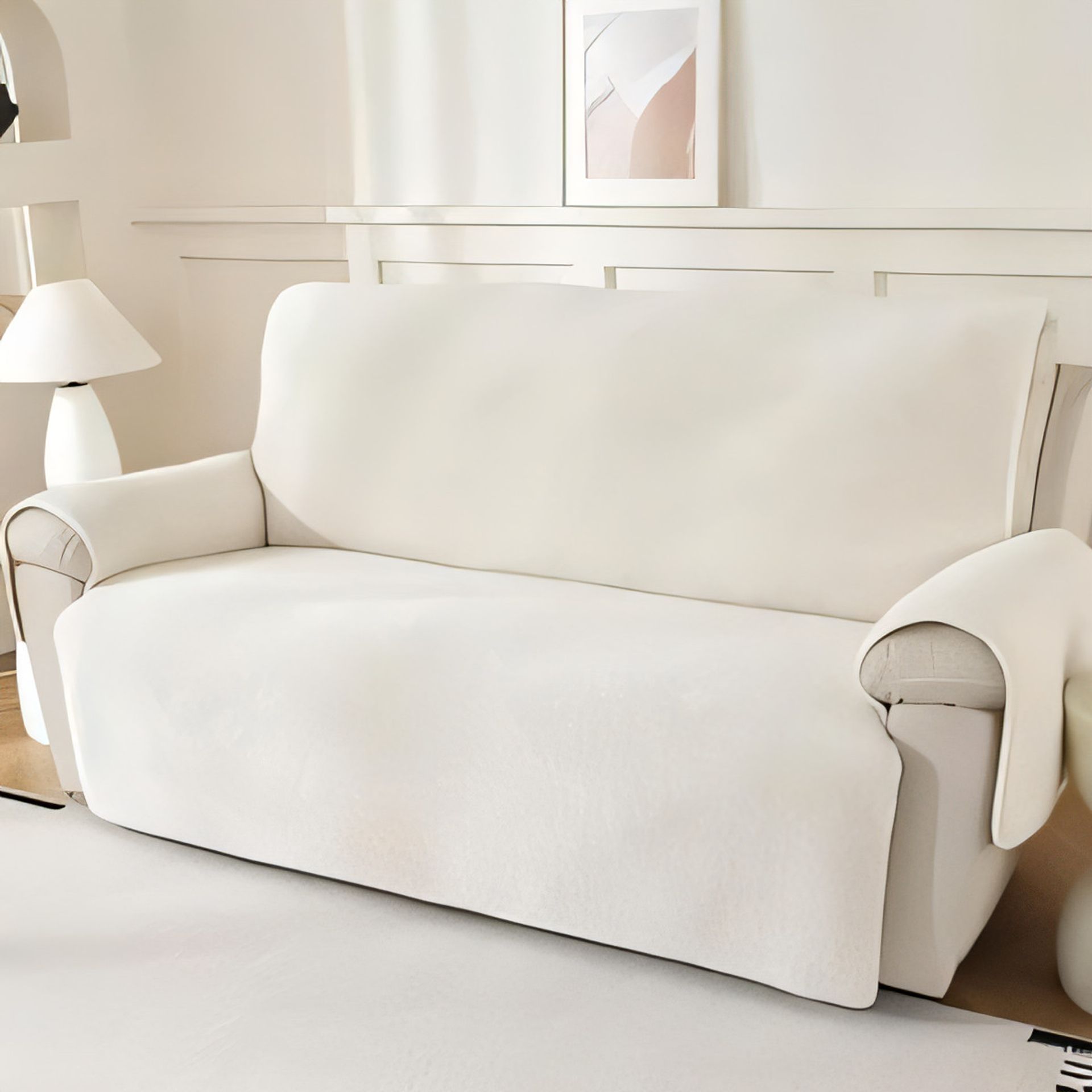 Sherpa Fleece Sofa Cover Non Slip Protector for 4 Seater Leather & Fabric Sofas, Super Soft Fuzzy Couch Slipcover - White 4 Seater