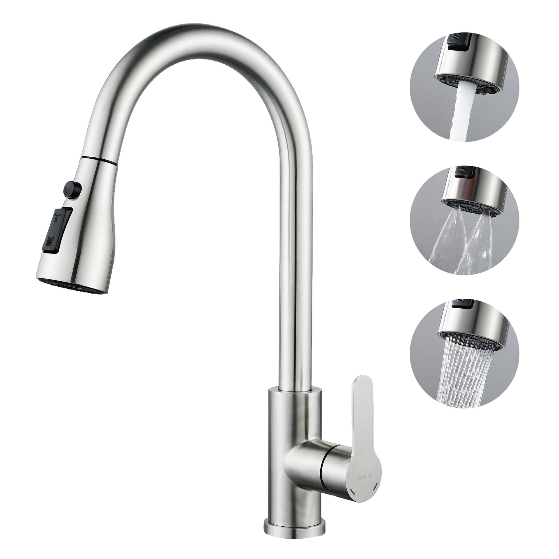 Kitchen Mixer Tap with Pull-Out Sprayer 3 Spray Modes 360° Swivel Stainless Steel Single Handle Easy Install - Chrome CL004