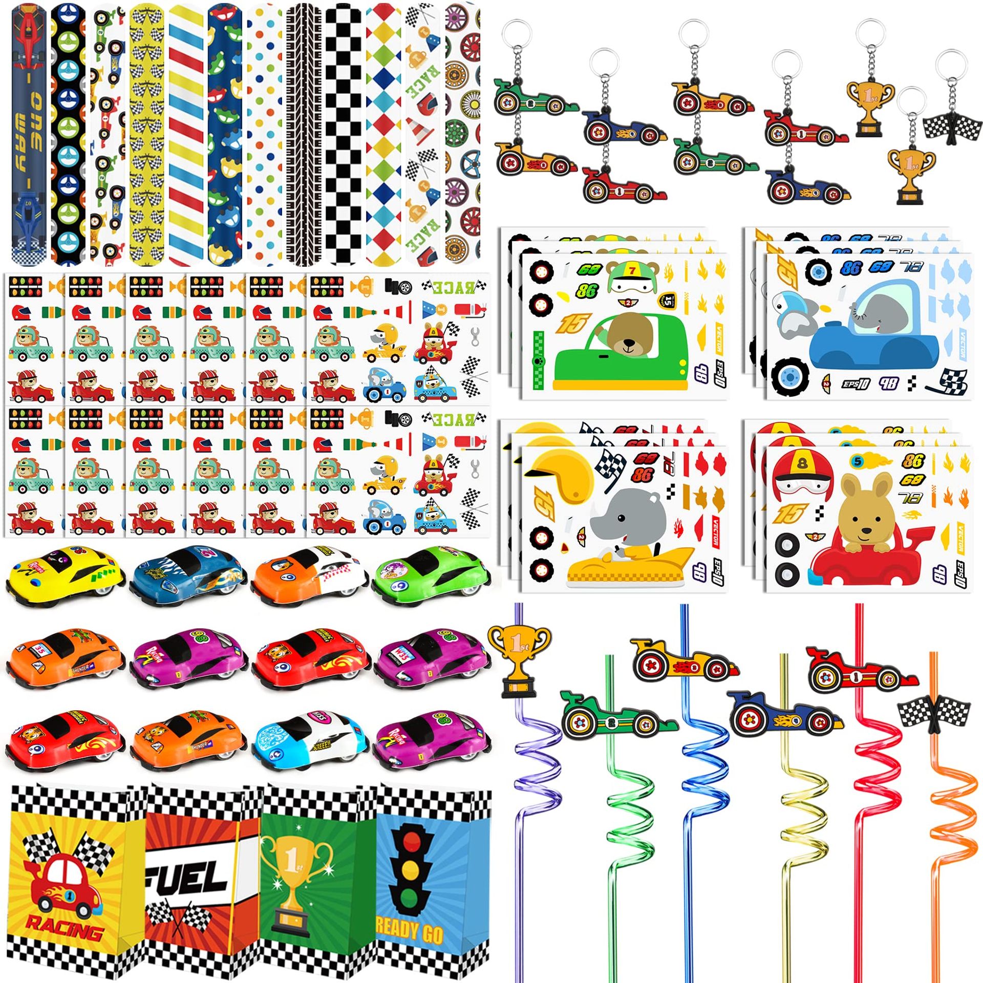 Race Car Party Bag Fillers Set 84 PCS Keychains Bracelets Stickers Straws Goody Bags for Kids Parties - Multicolour TRUCK-P-F