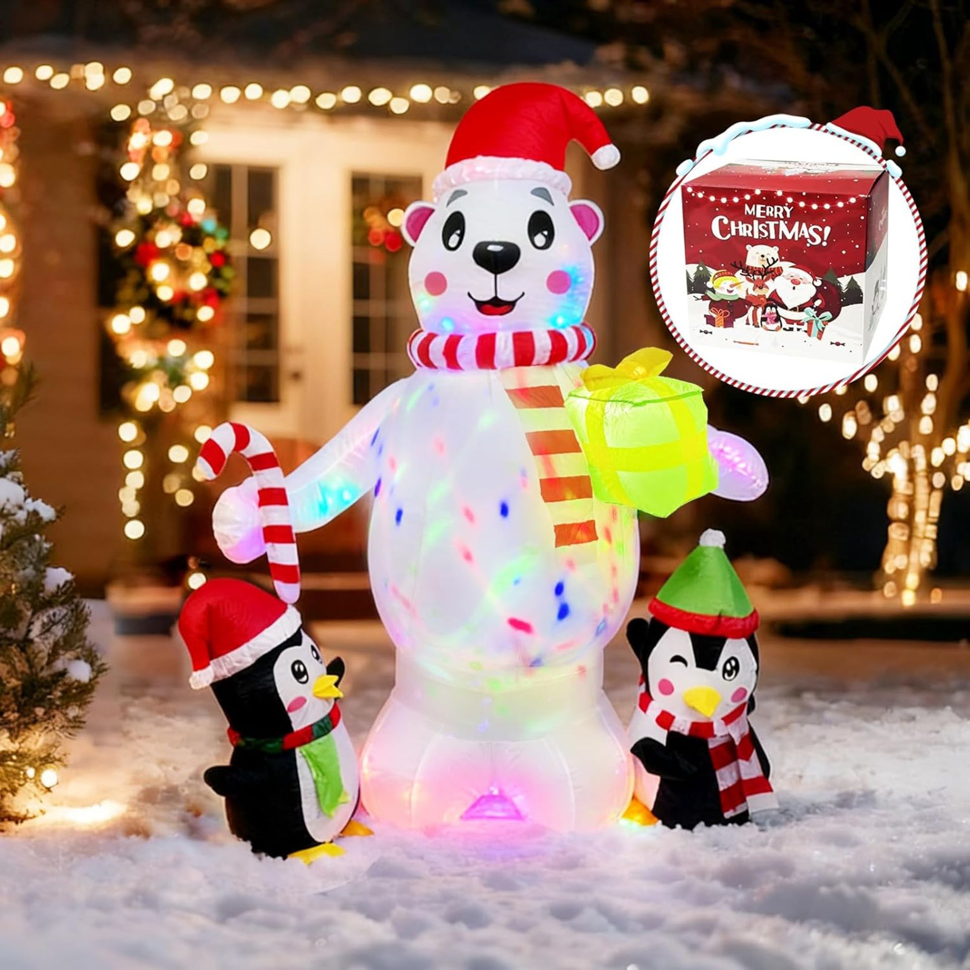 Christmas Inflatable Polar Bear with Colourful LED Lights for Indoor & Outdoor Garden Decoration - Multi-Colour 1.8m