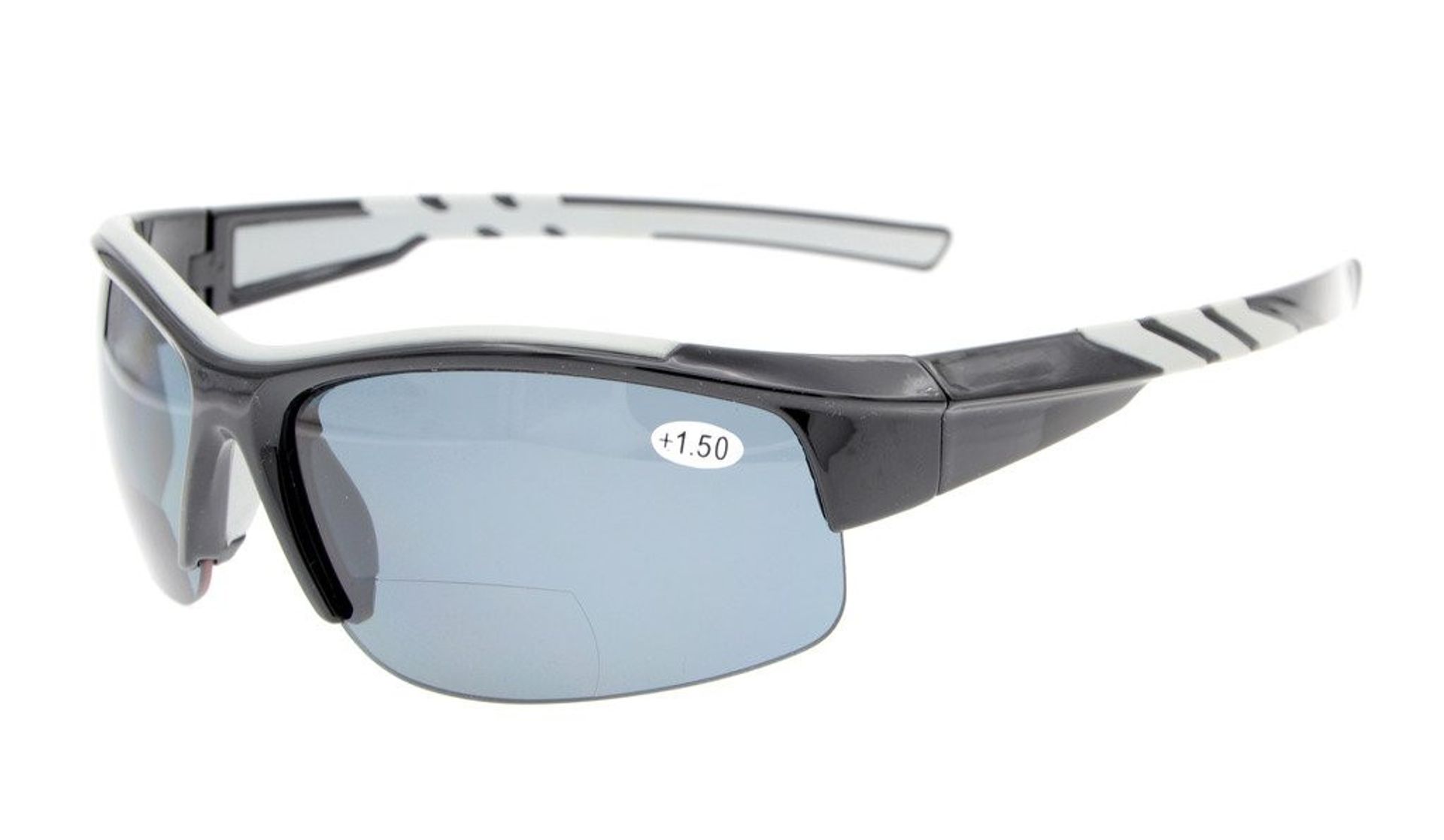 TR90 Unbreakable Sports Bifocal Half Rimless Sunglasses for Running, Fishing, Golf and Hiking - Shiny Black/Grey Lens +2.00