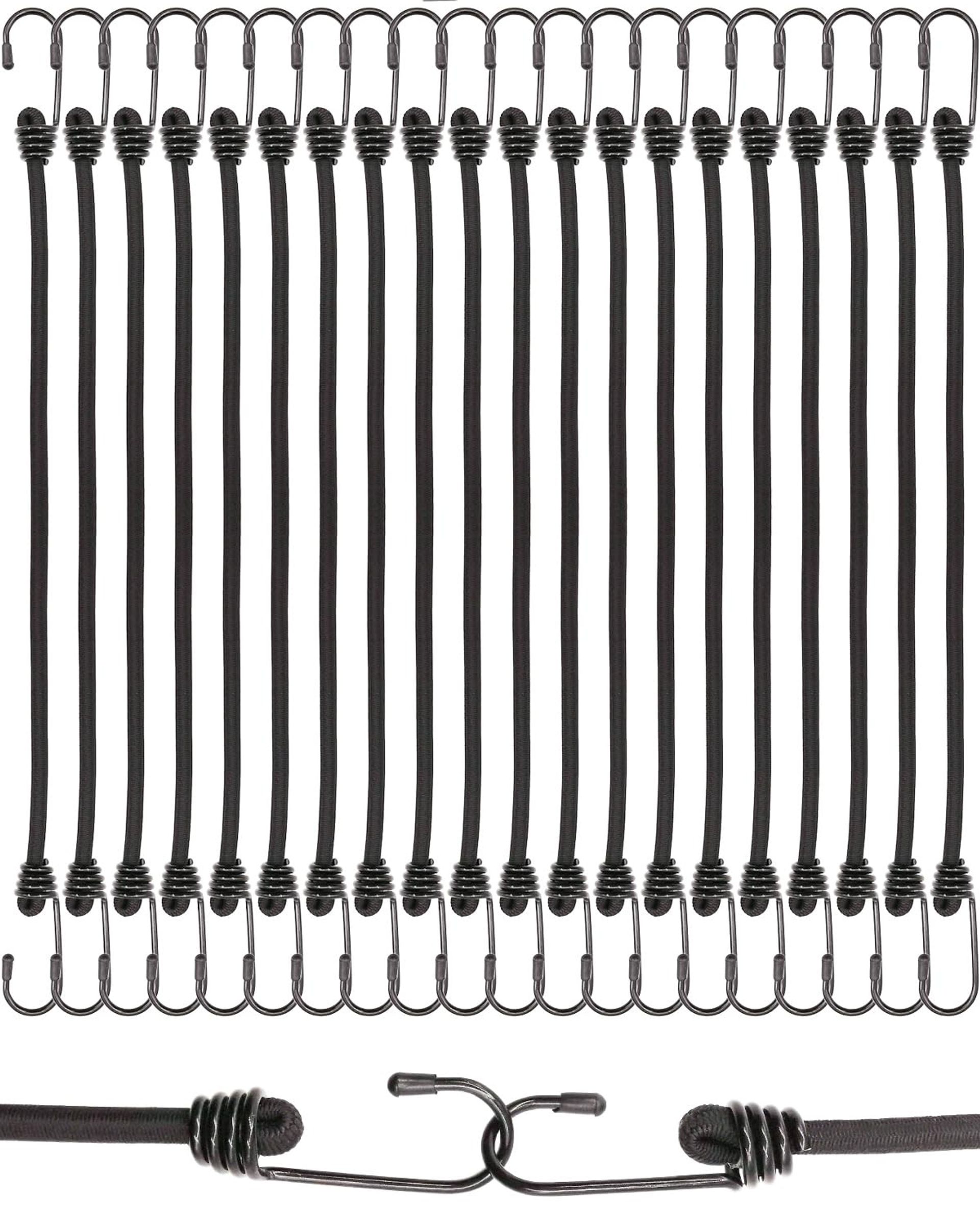 Heavy Duty Bungee Cords with Strong Metal Hooks for Camping, Tents, Tarps & Luggage - Black 40cm 20 Pcs