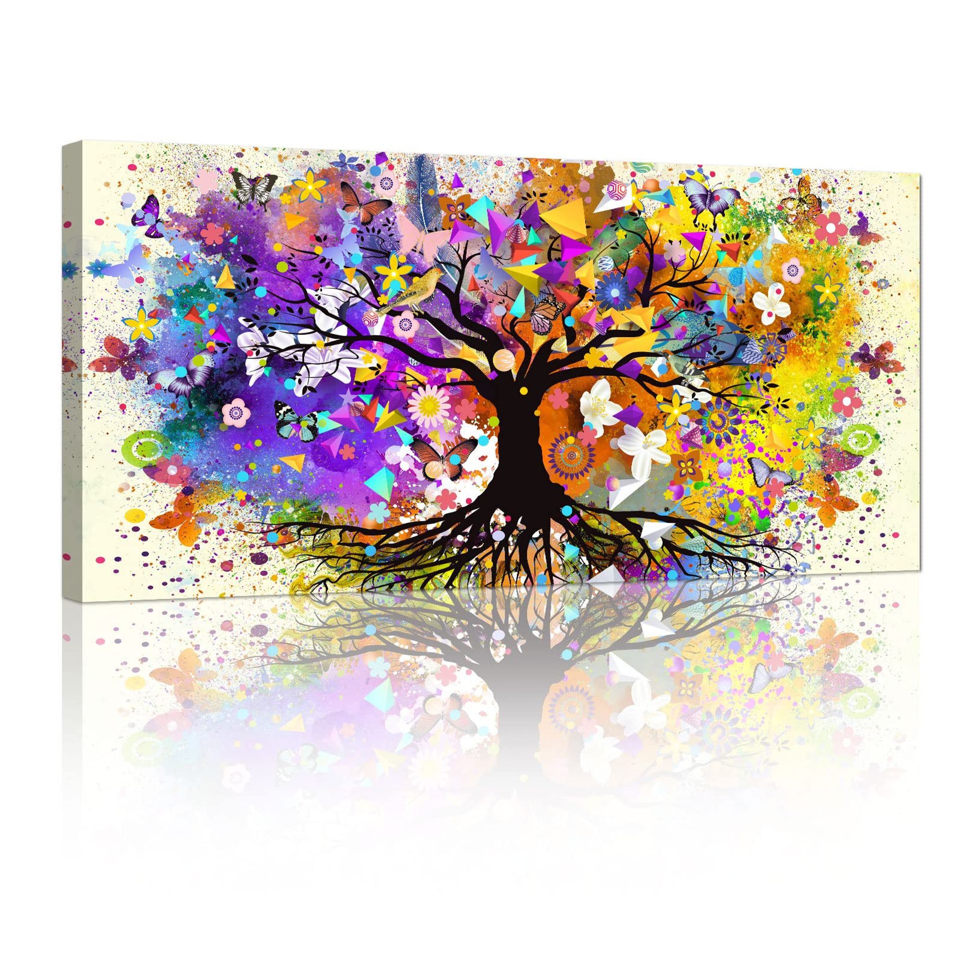 Large Framed Canvas Wall Art Abstract Tree of Life Painting for Living Room or Bedroom - Purple Tree 100x50cm