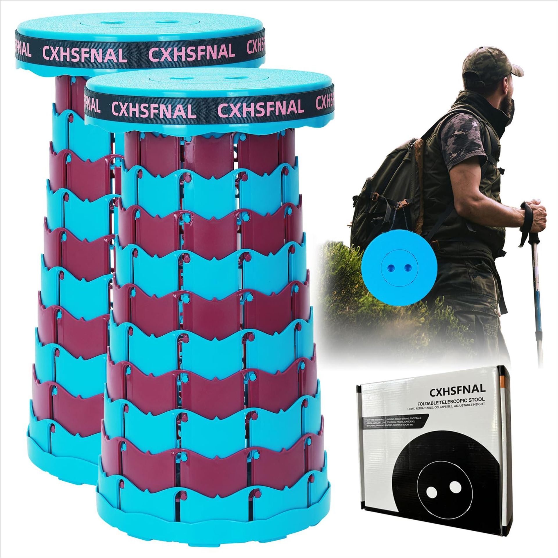 Telescopic Camping Stool 2 Pack Height Adjustable Folding Seat for Outdoor Activities - Blue Purple 25*25*45cm