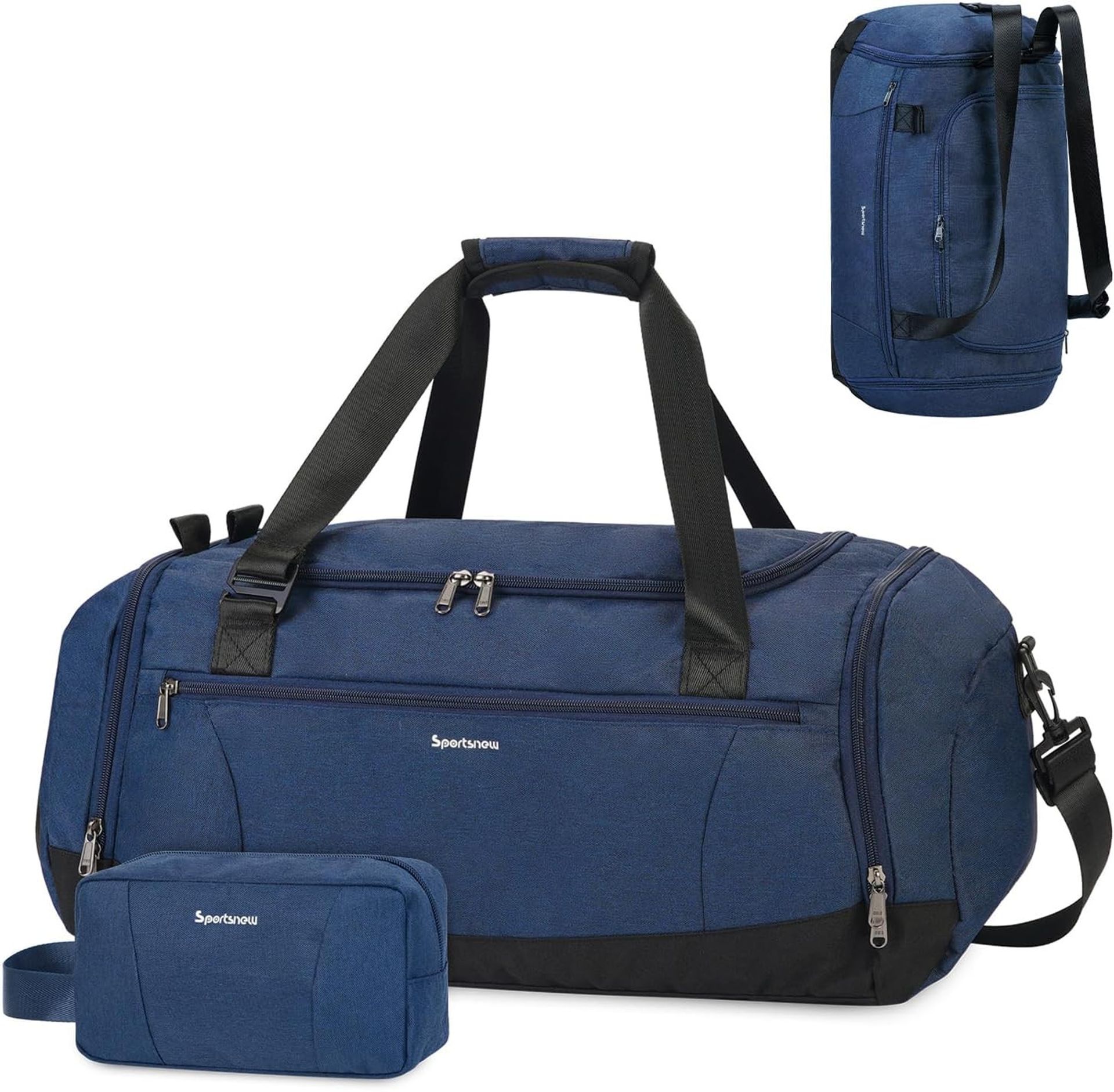 Gym Bag Backpack Weekend Travel Holdall with Shoe and Wet Compartments, Toiletry Bag, Shoulder Strap and Trolley Sleeve - Navy Blue UK3-SN3133