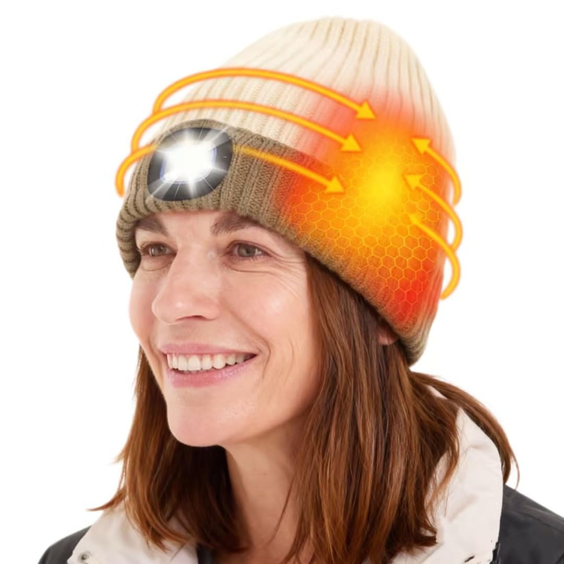 Heated Beanie Hat with LED Light 3 Heat & Brightness Settings Rechargeable Windproof Thermal Cap for Outdoor Sports - Beige & Khaki 4XL