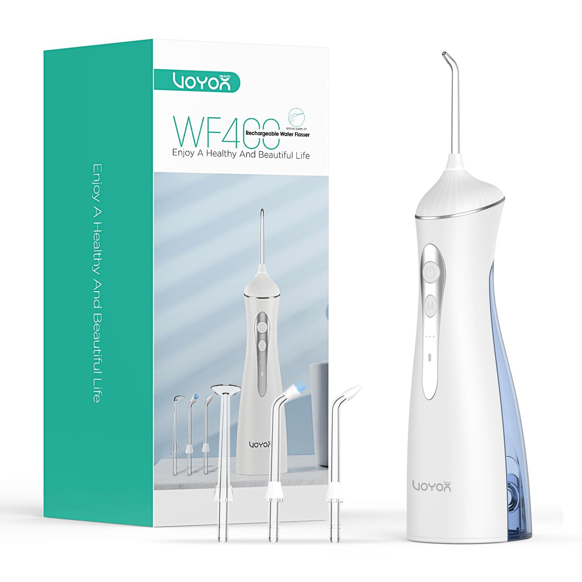 Cordless Water Flosser for Teeth 3 Modes 4 Jet Tips 250ml Tank IPX7 Waterproof Oral Irrigator - White WF400