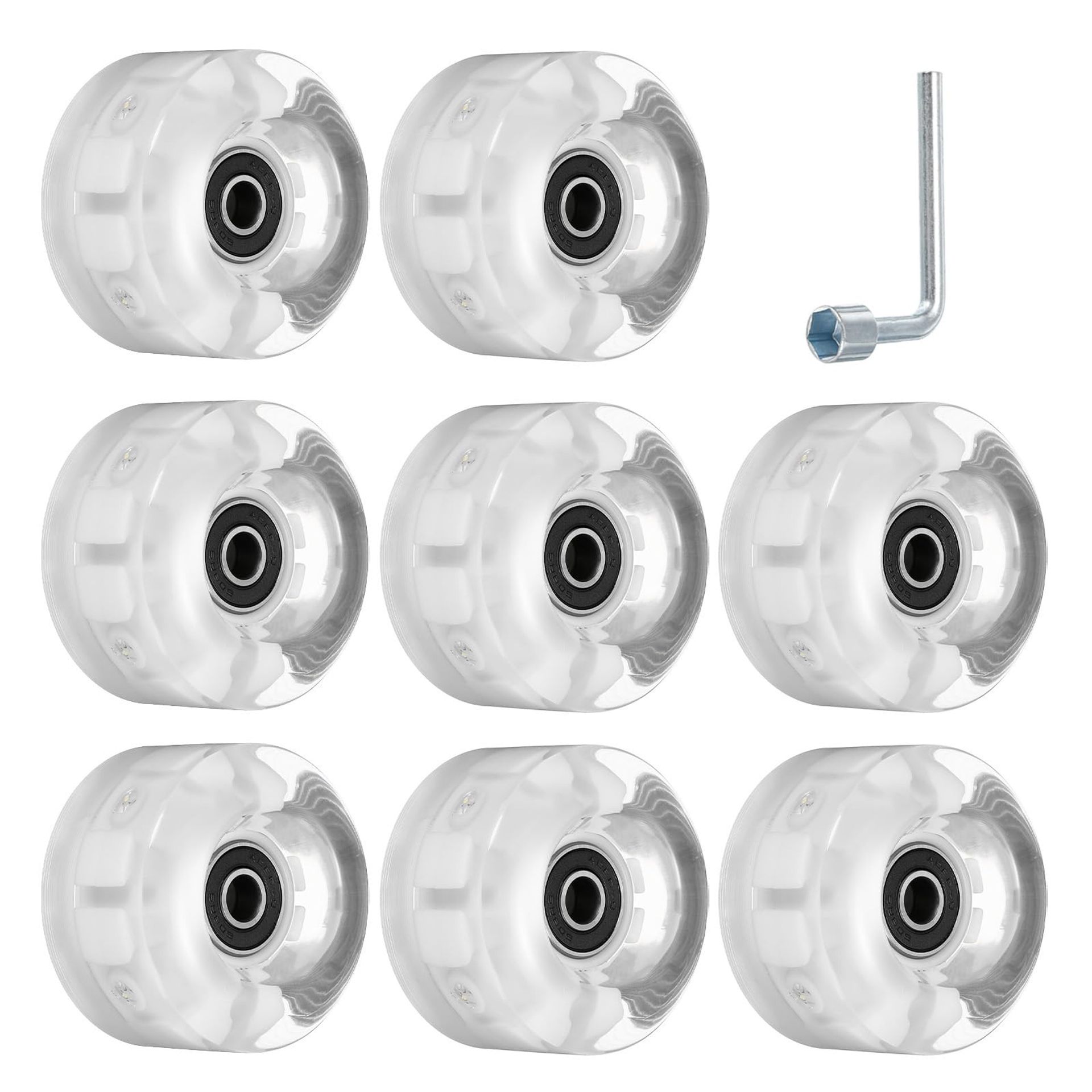Light Up Skate Wheels 8 Pack with Bearings & Spanner for Roller Skates and Skateboards - White Light