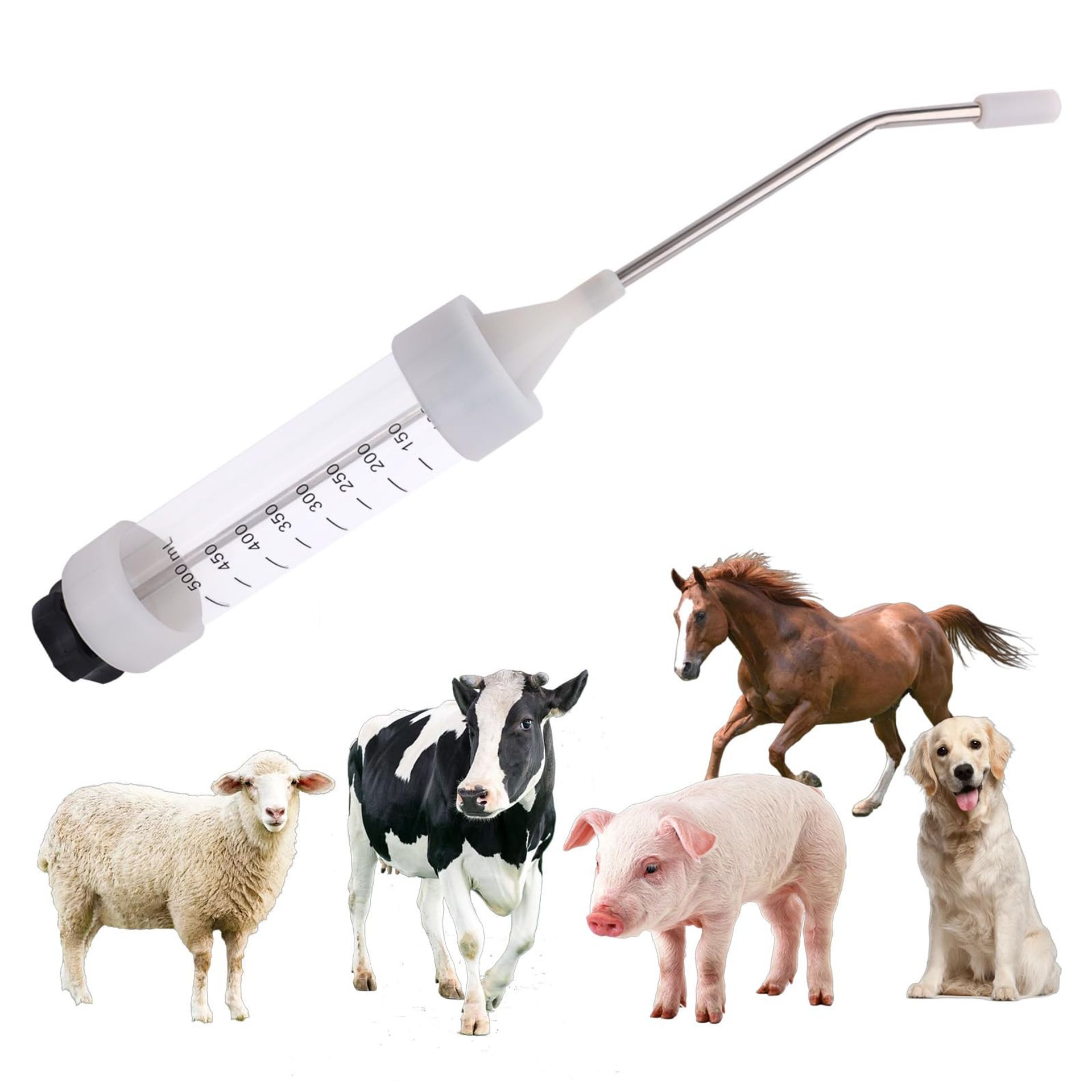Large Veterinary Metal Feeding Gun 500ml Adjustable Livestock Drench Dispenser for Animal Medicine - Silver 500ml