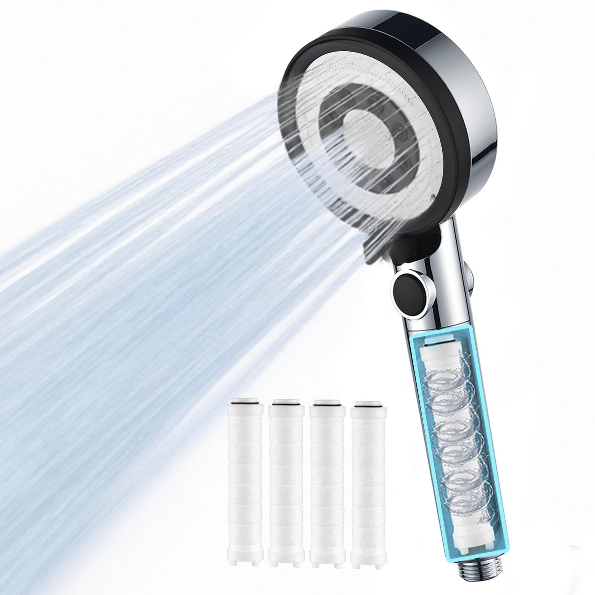 High Pressure Shower Head Hard Water Filter 5 Jet Modes Water Saving Handheld Power Showerhead for Low Water Pressure - Chrome With Filter