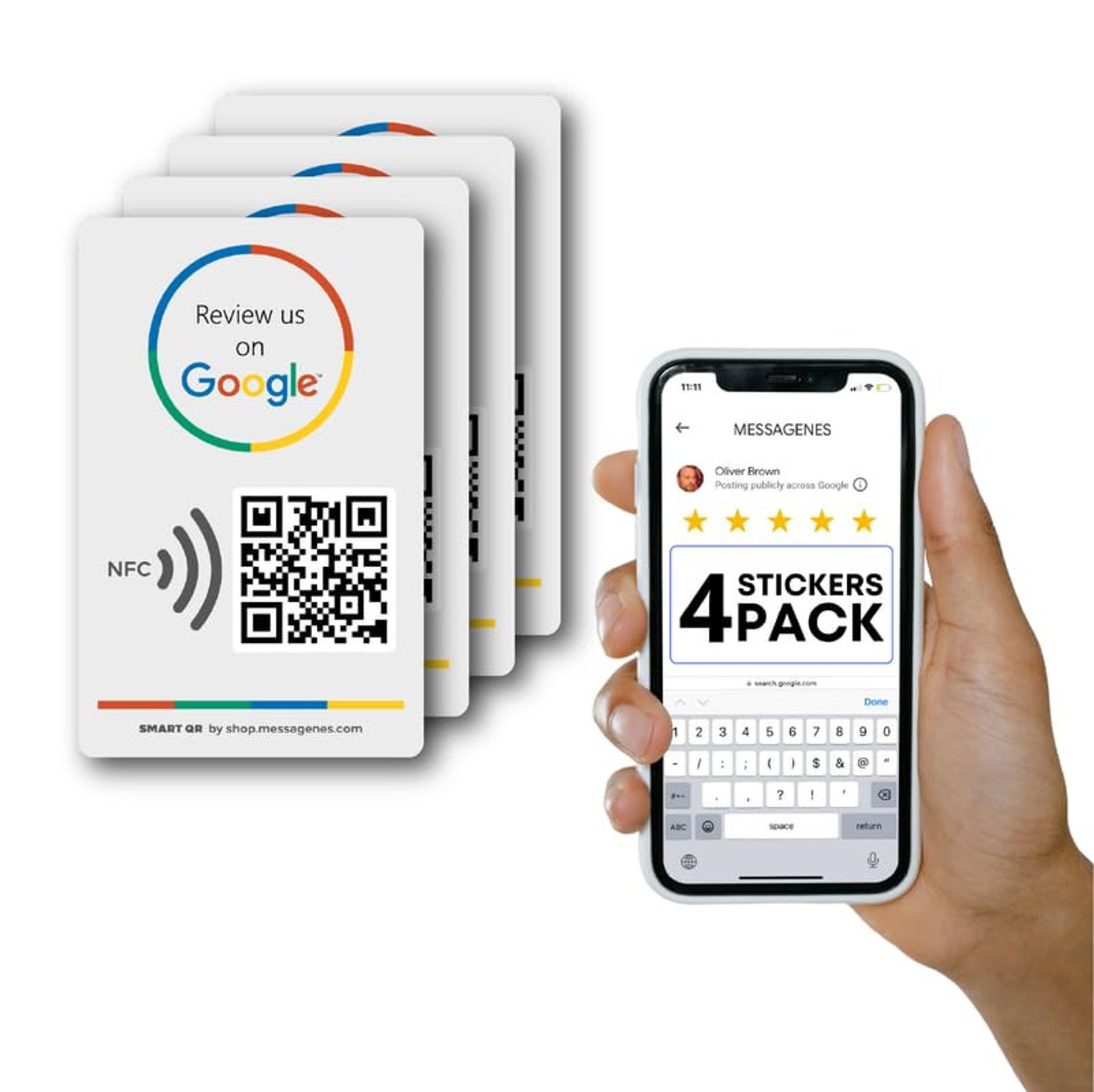 Reusable NFC & QR Review Tap Stickers for Google Business Feedback 4-Pack - Grey Minimalist Style