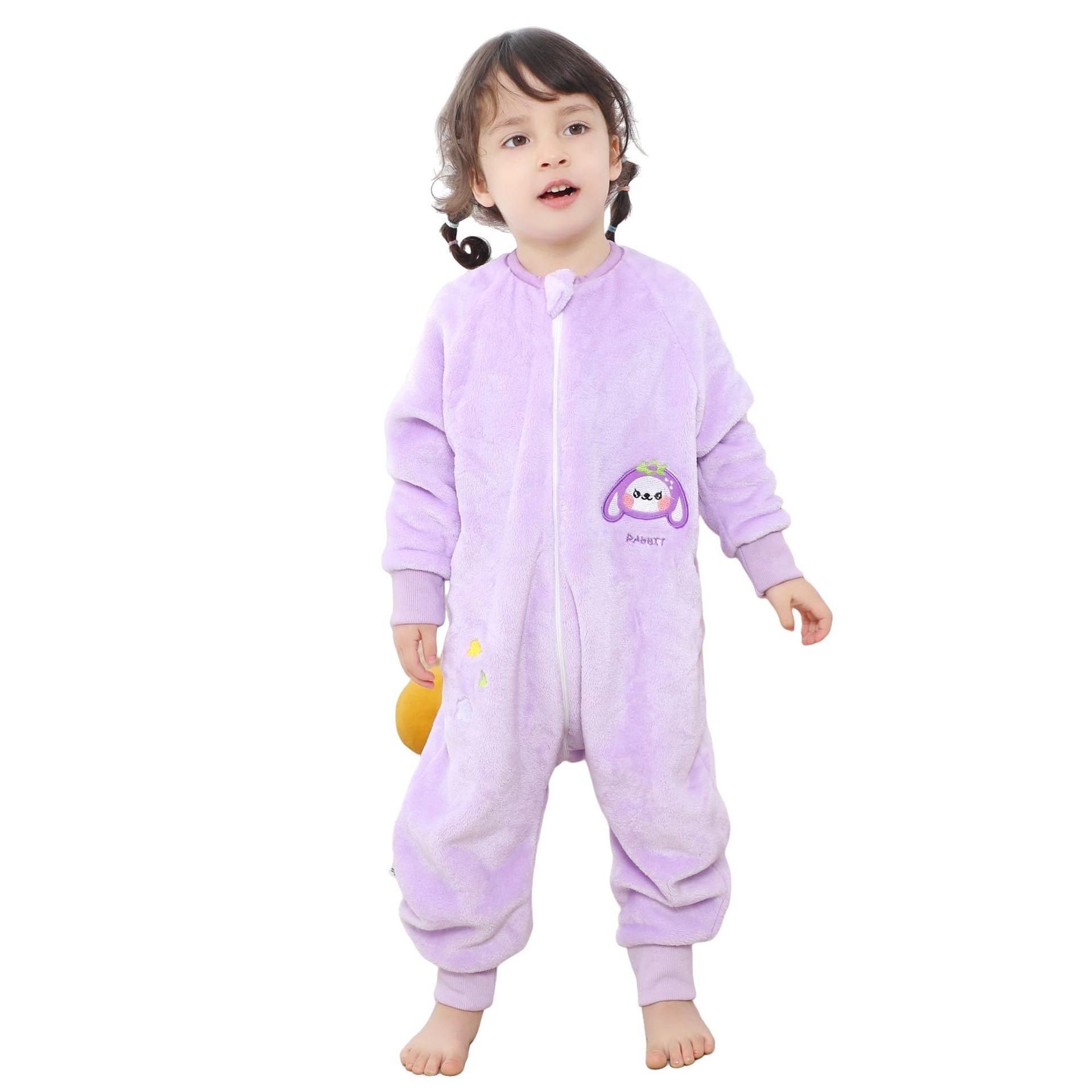 Unisex Toddler Flannel Sleeping Bag with Legs Triple Zipper Wearable Blanket - Purple Rabbit 9-18 Months
