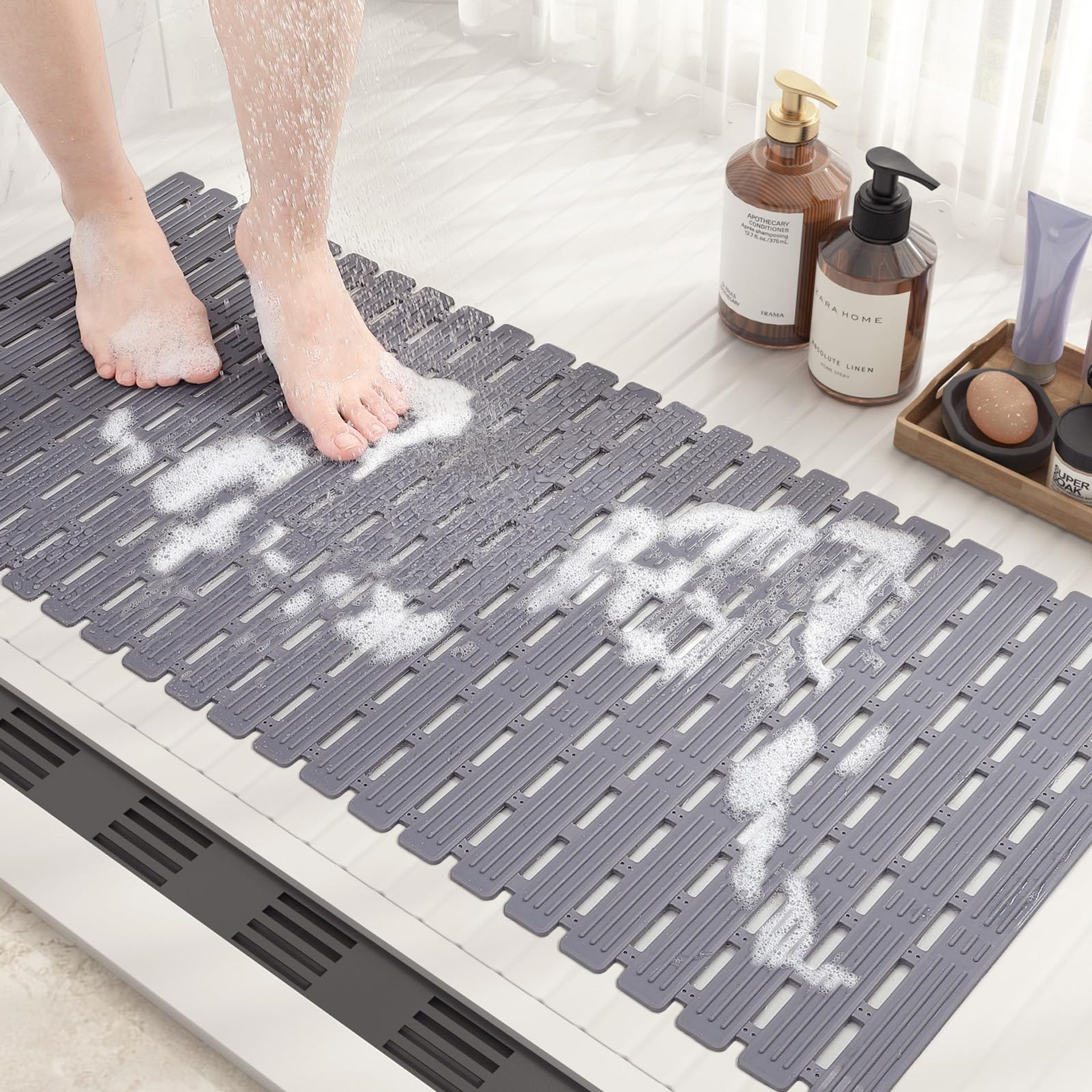 Non Slip Shower Mat Anti Mould Cut to Size Machine Washable with Strong Suction Cups - Grey 68x40cm