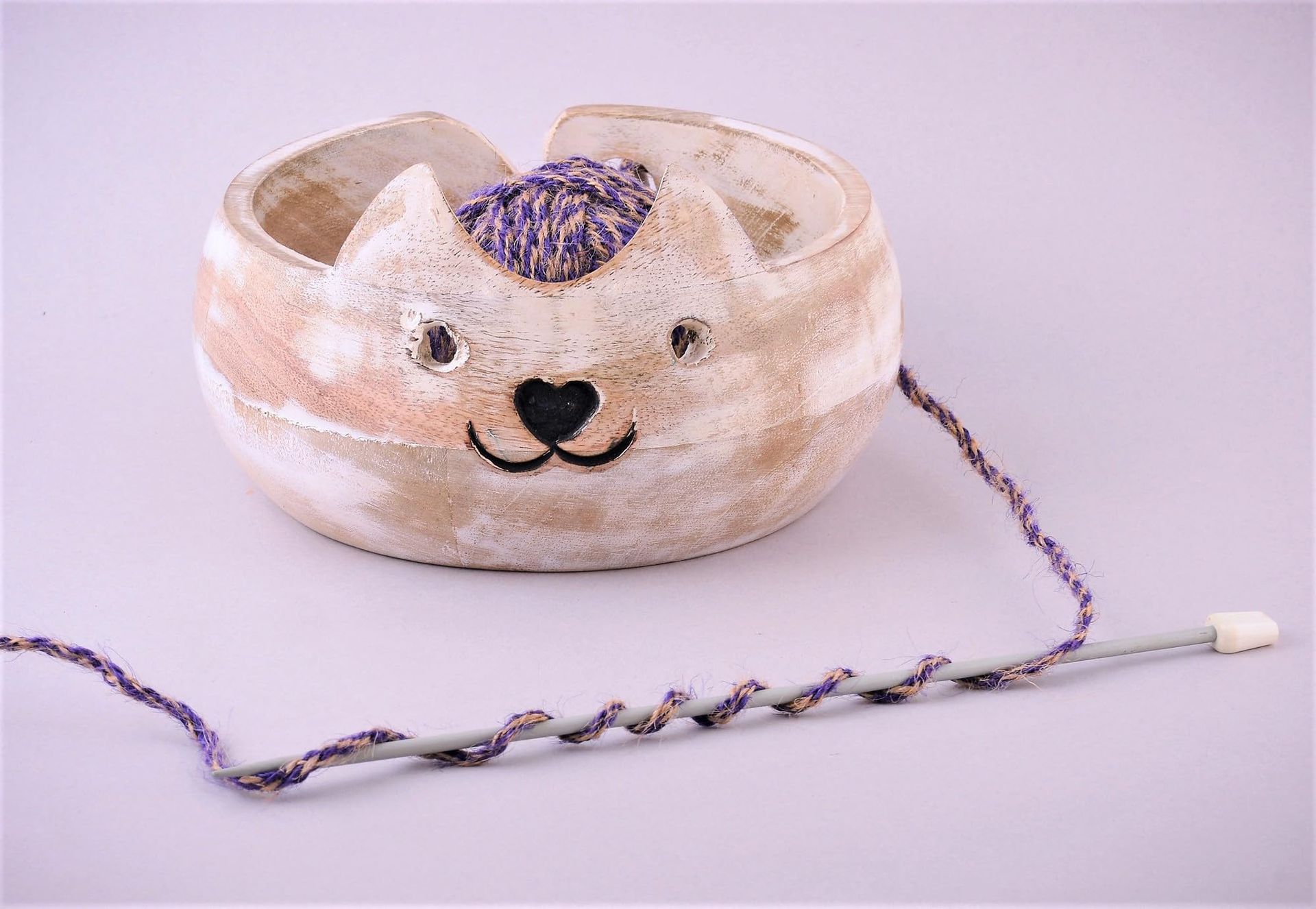 Wooden Yarn Bowl for Knitting & Crochet Handcrafted Holder 7x3 - Brown Large