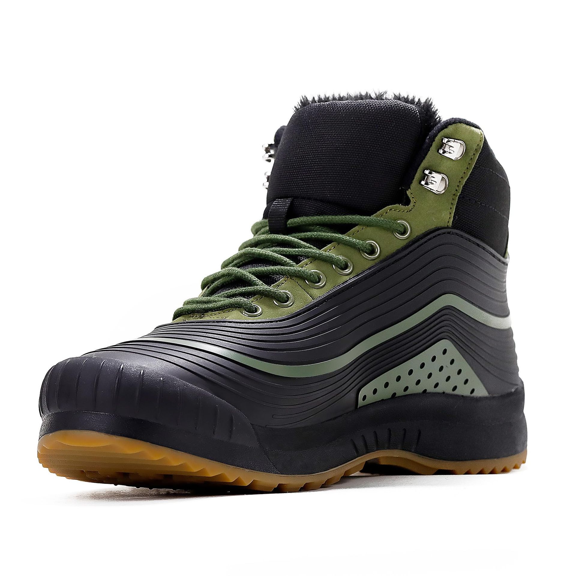 Men's Waterproof Winter Boots Fur Lined Non-Slip Warm Outdoor Snow Shoes - Black Green 8UK