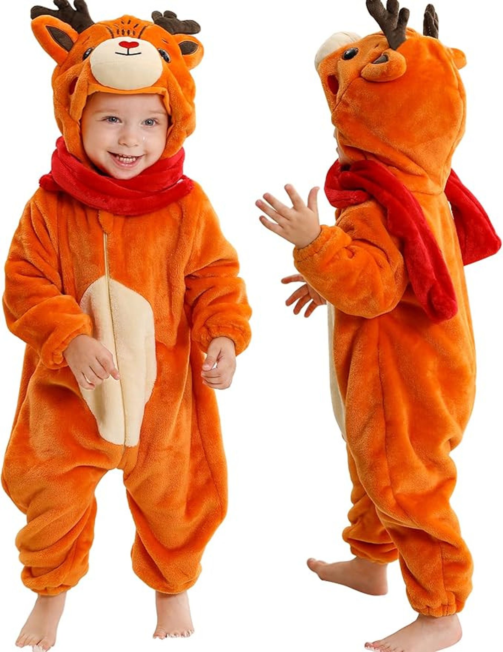 Unisex Baby Animal Flannel Romper Warm Hooded Cartoon Pyjama Jumpsuit - Elk 24-30 Months