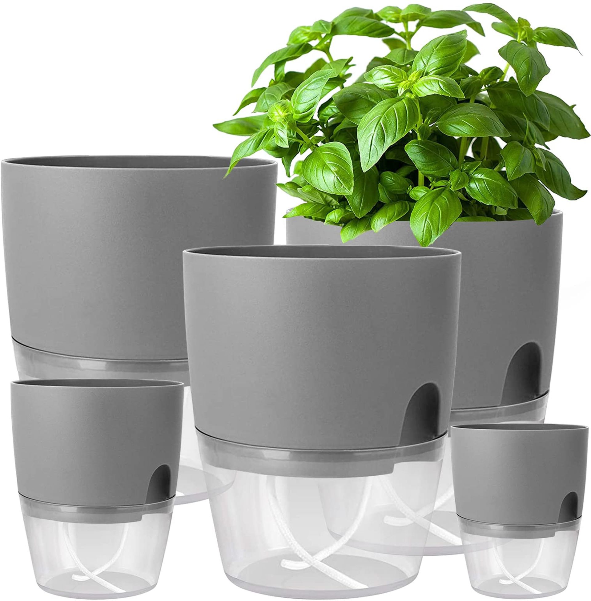 Self Watering Plant Pots Set of 5 Indoor Decorative Plastic Planters - Grey XL