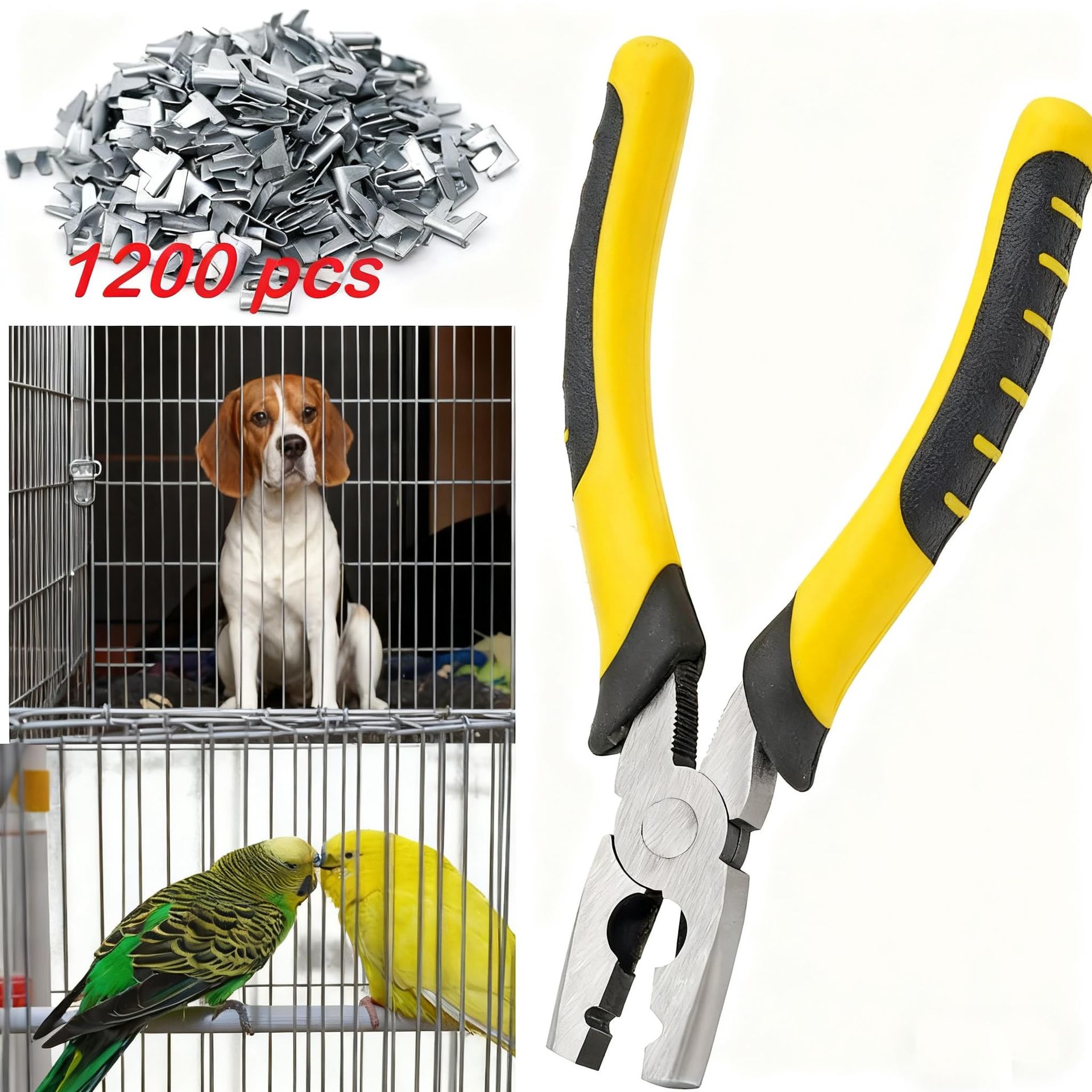 Wire Cage Buckle Clips Tool and Pliers Set 1200pcs Metal Fastening Kit for Pet Cages and Fences - Yellow BP-AS01