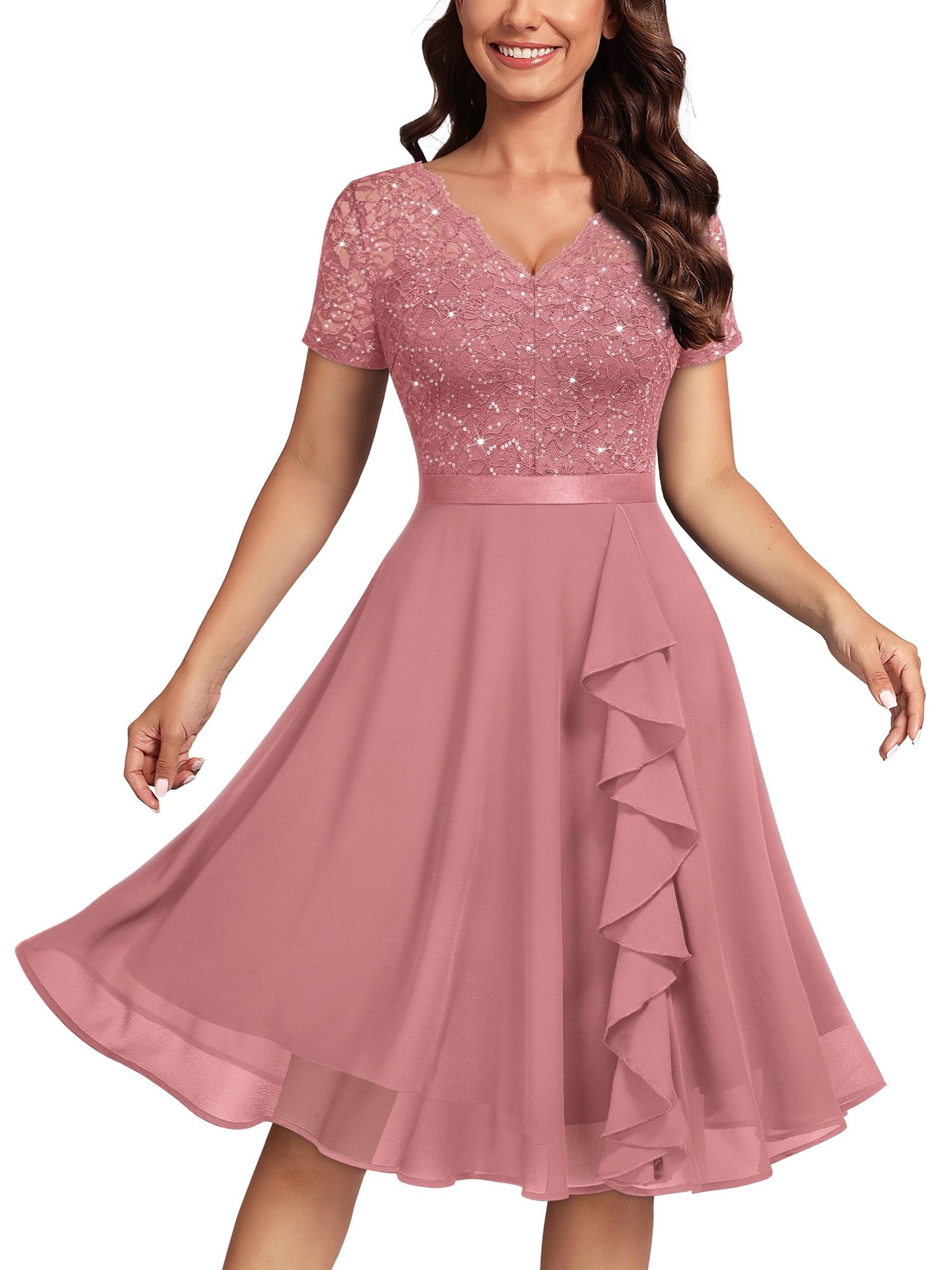 Women's Vintage Floral Lace Sequin V-Neck Ruffle Cocktail Party Dress