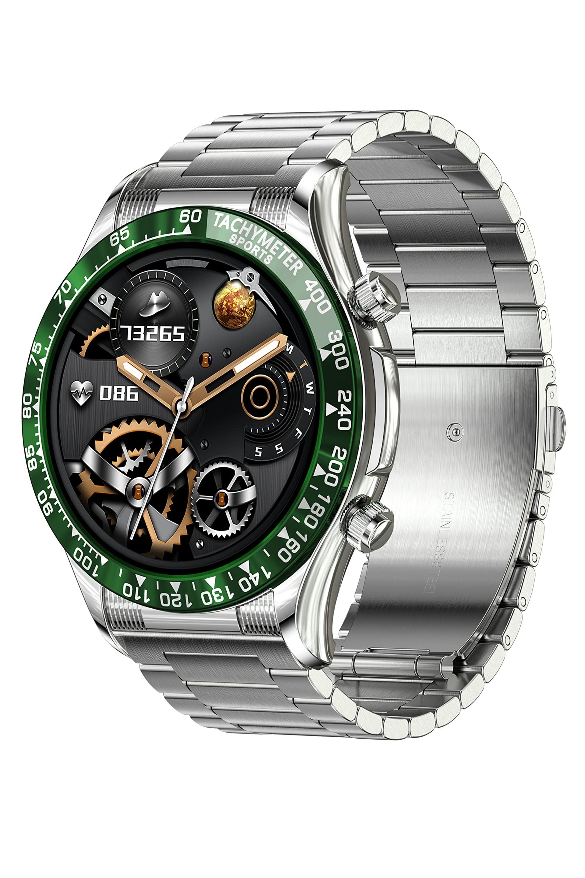 Men's Smart Watch Full Touchscreen GPS Bluetooth Calling Fitness Tracker Heart Rate Sleep Monitor - Stainless Steel Silver Green