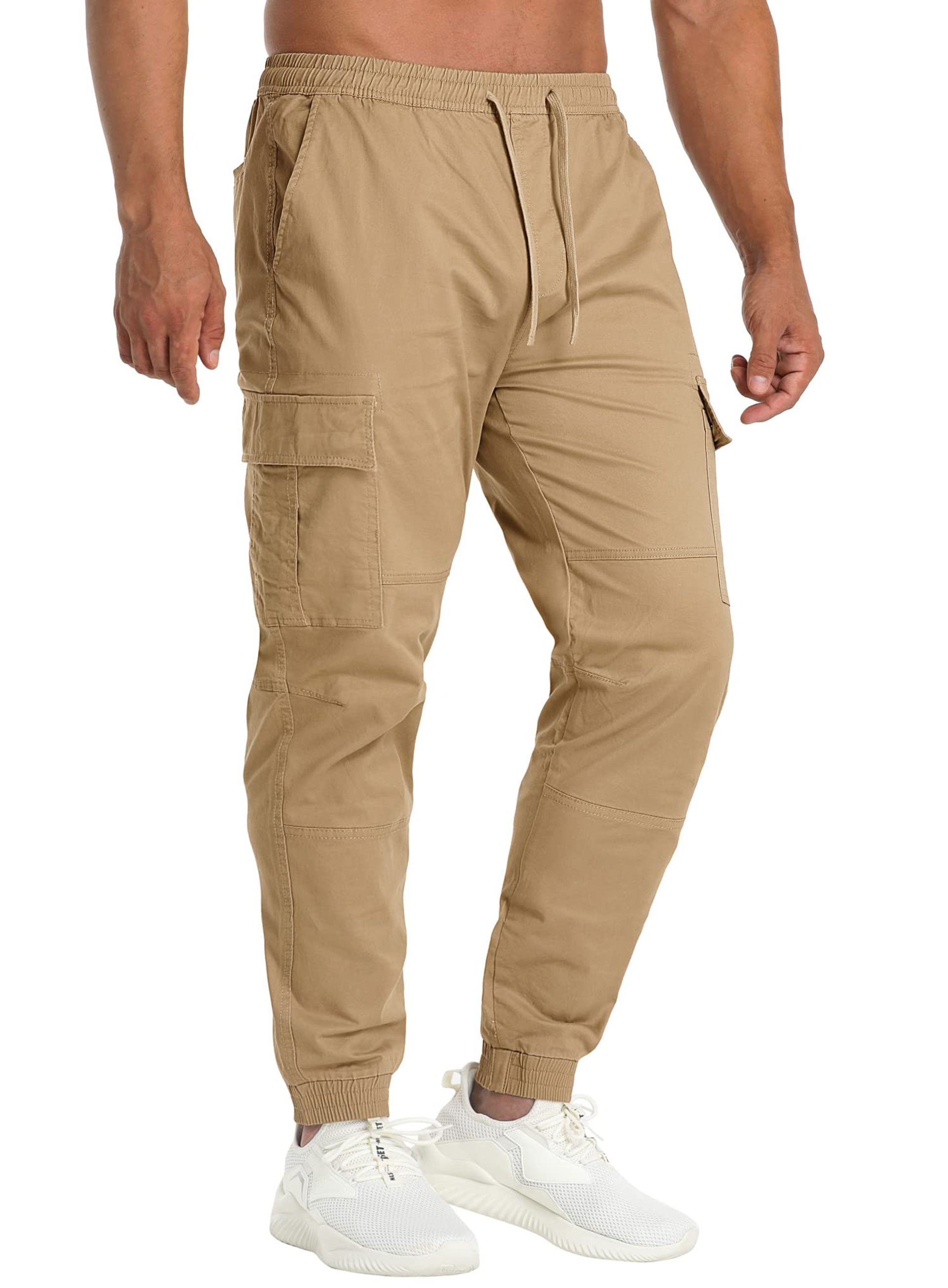 Men's Cotton Cargo Trousers Outdoor Hiking & Travel Pants with Elasticated Cuffs - Khaki 36