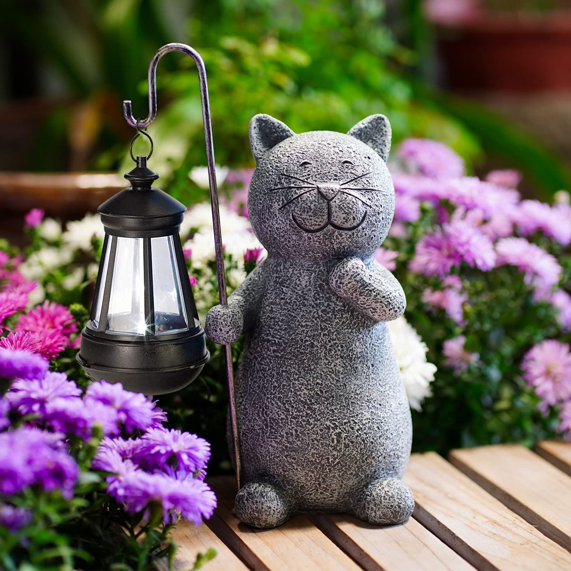 Solar Cat Statue with LED Lantern Weatherproof Garden Ornament for Patio, Balcony & Fairy Garden - Grey 1 Cat