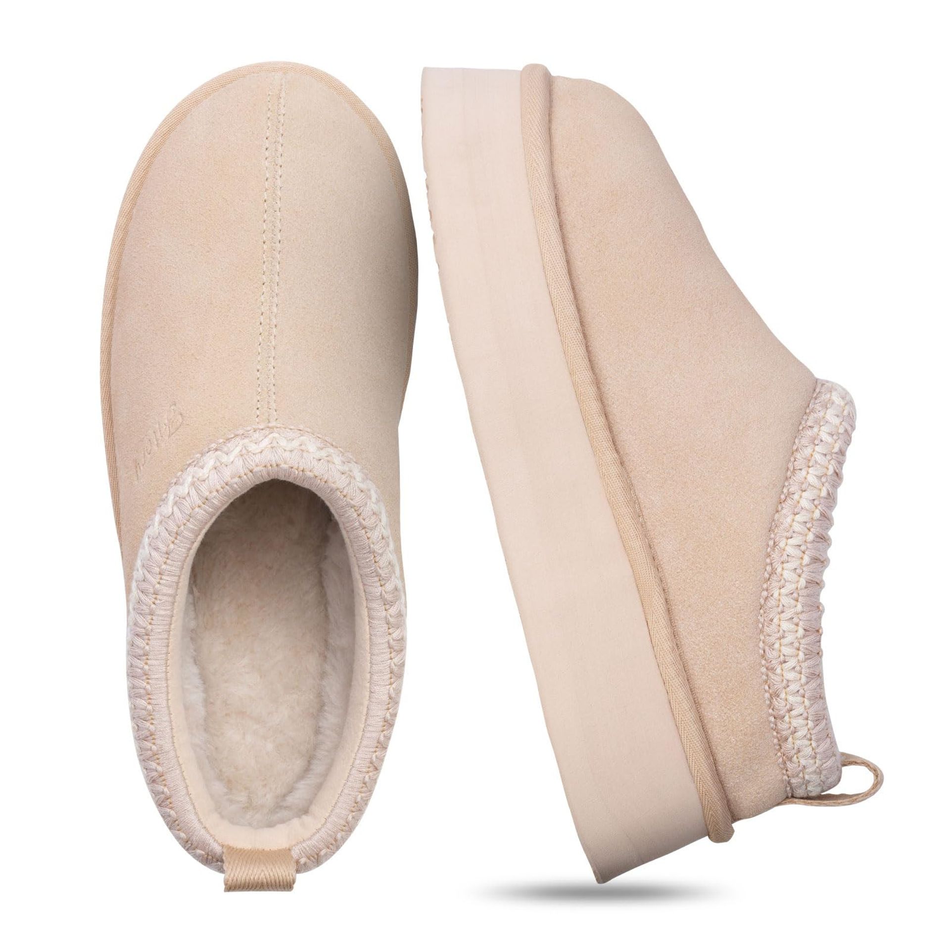 Women's Suede Platform Slippers with Fleece Lining Warm Slip-On Indoor & Outdoor Footwear - Beige UK 9