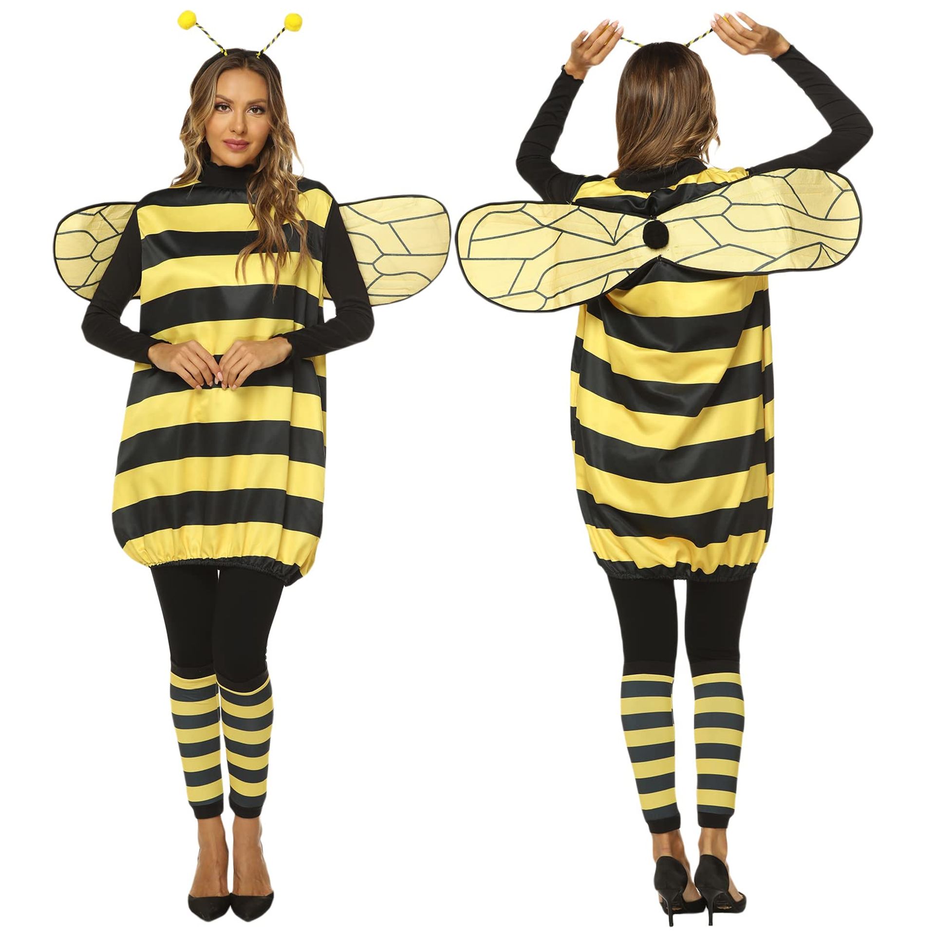 Women's Halloween Honey Bee Fancy Dress Set with Headband, Wings & Socks - Yellow Adult Small