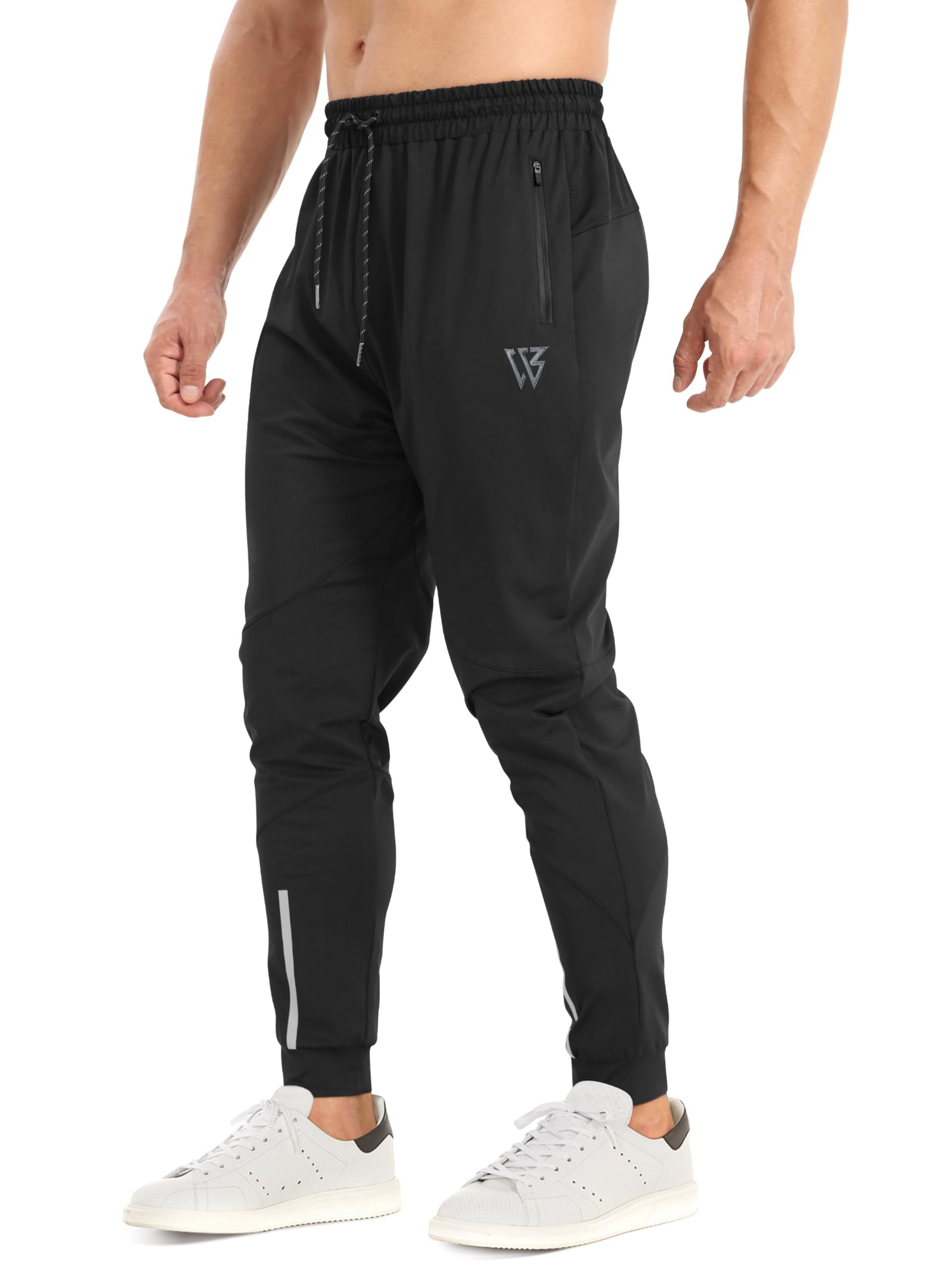 Men's Slim Fit Gym Joggers Lightweight Quick-Dry Running Trousers with Zip Pockets - Black XXL