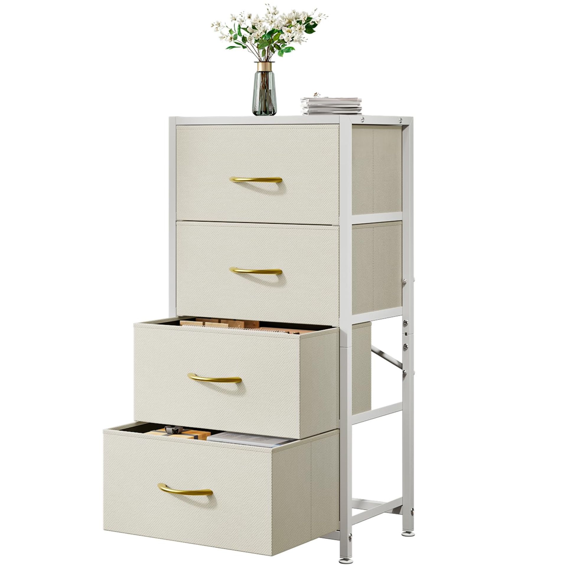 Fabric Chest of Drawers 4 Drawer Dresser with Wooden Top and Metal Frame for Bedroom or Living Room - White 28x43x77cm