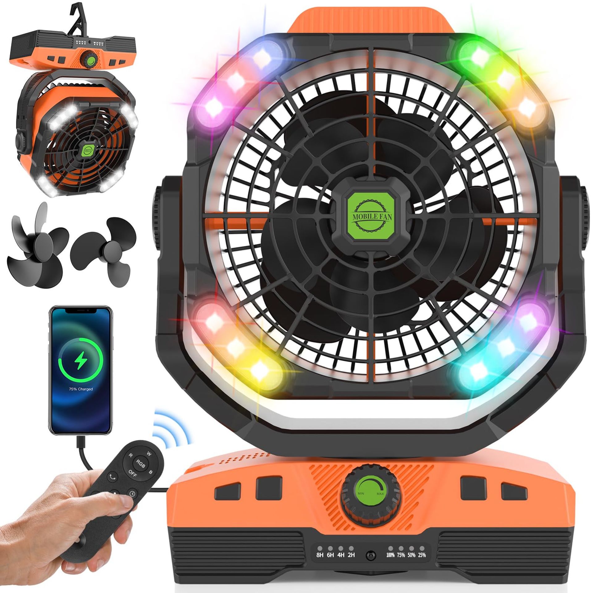 Rechargeable Camping Fan 20000mAh Battery Operated with Oscillation, LED & RGB Light, Remote Control, USB Charging - Orange Large