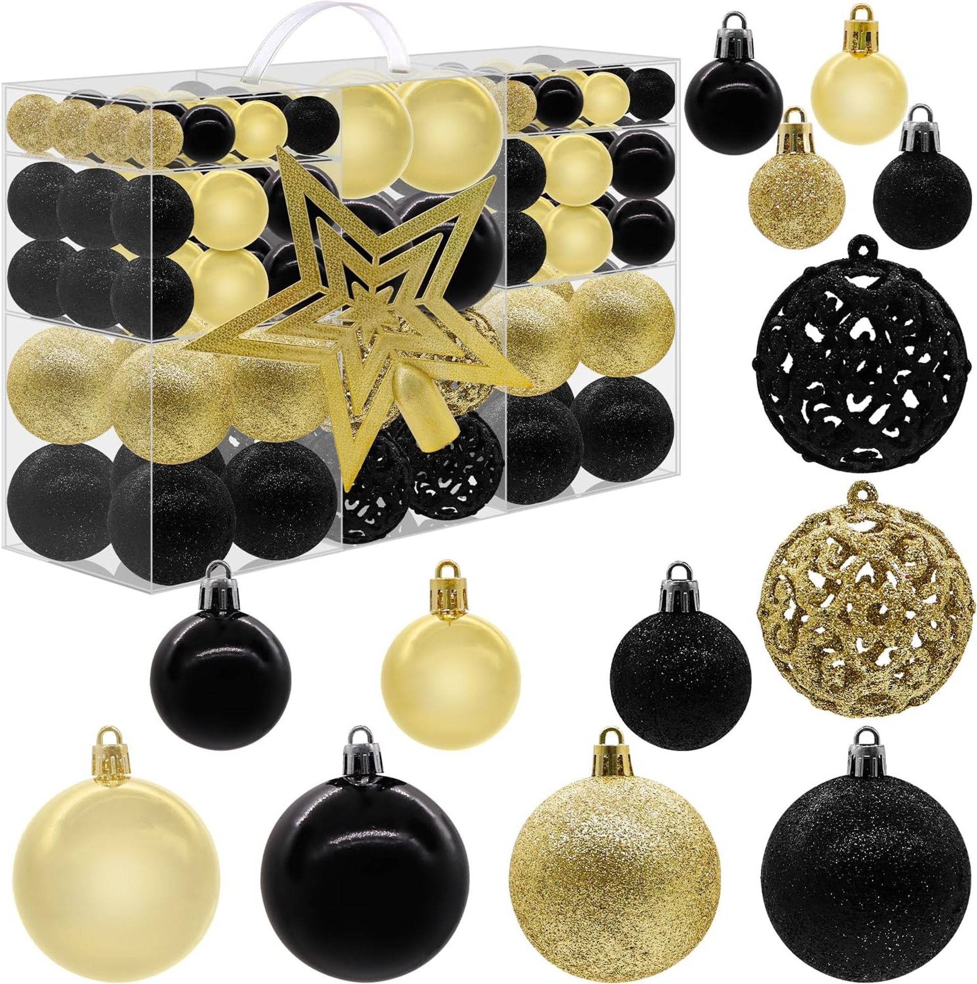 Christmas Baubles Set 101pcs Shatterproof Tree Ornaments with Star Topper for Xmas Décor - Gold Black Mixed 3/4/6cm