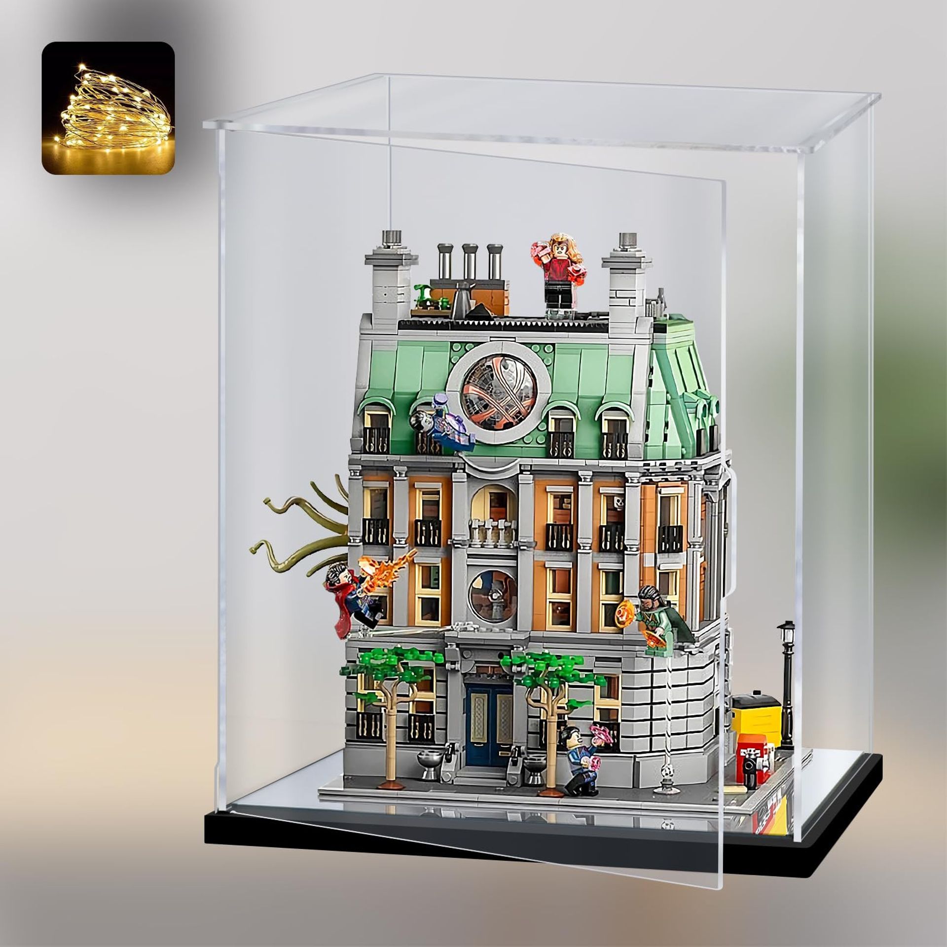 Large Acrylic Display Case with Mirrored Base & LED String Lights for Figures, Models & Collectibles - Clear 35x30x40cm Type 2