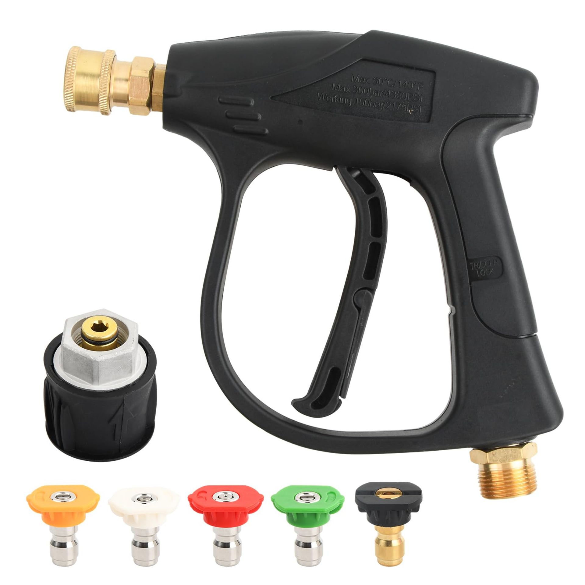 High Pressure Washer Gun Handle 4000PSI Brass Fittings with 5 Nozzle Tips & M22 14mm Connector - Black 576cc