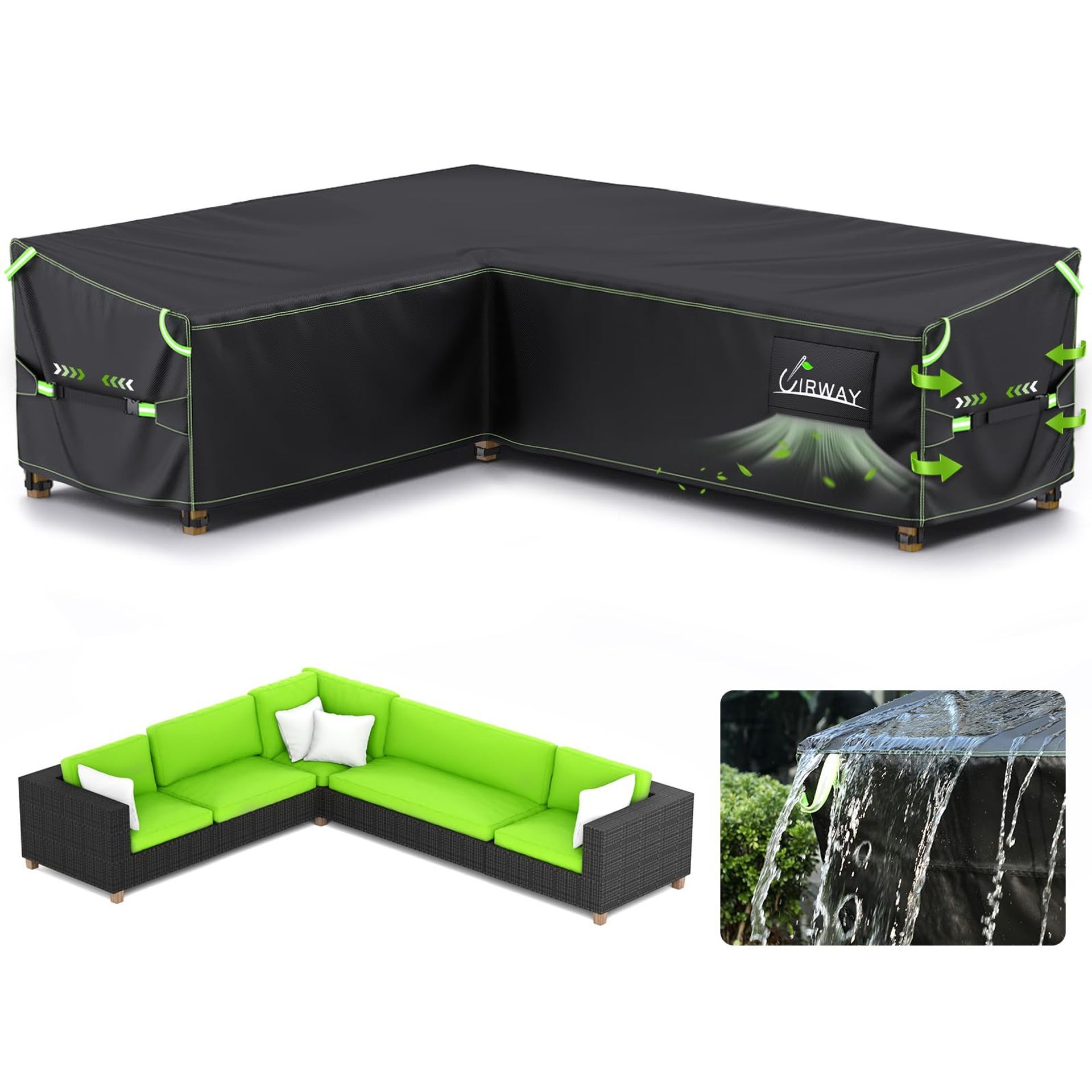 L-Shape Garden Furniture Cover Waterproof Heavy Duty 420D Oxford with Air Vent & Reflective Strips - Green 222x286x87cm
