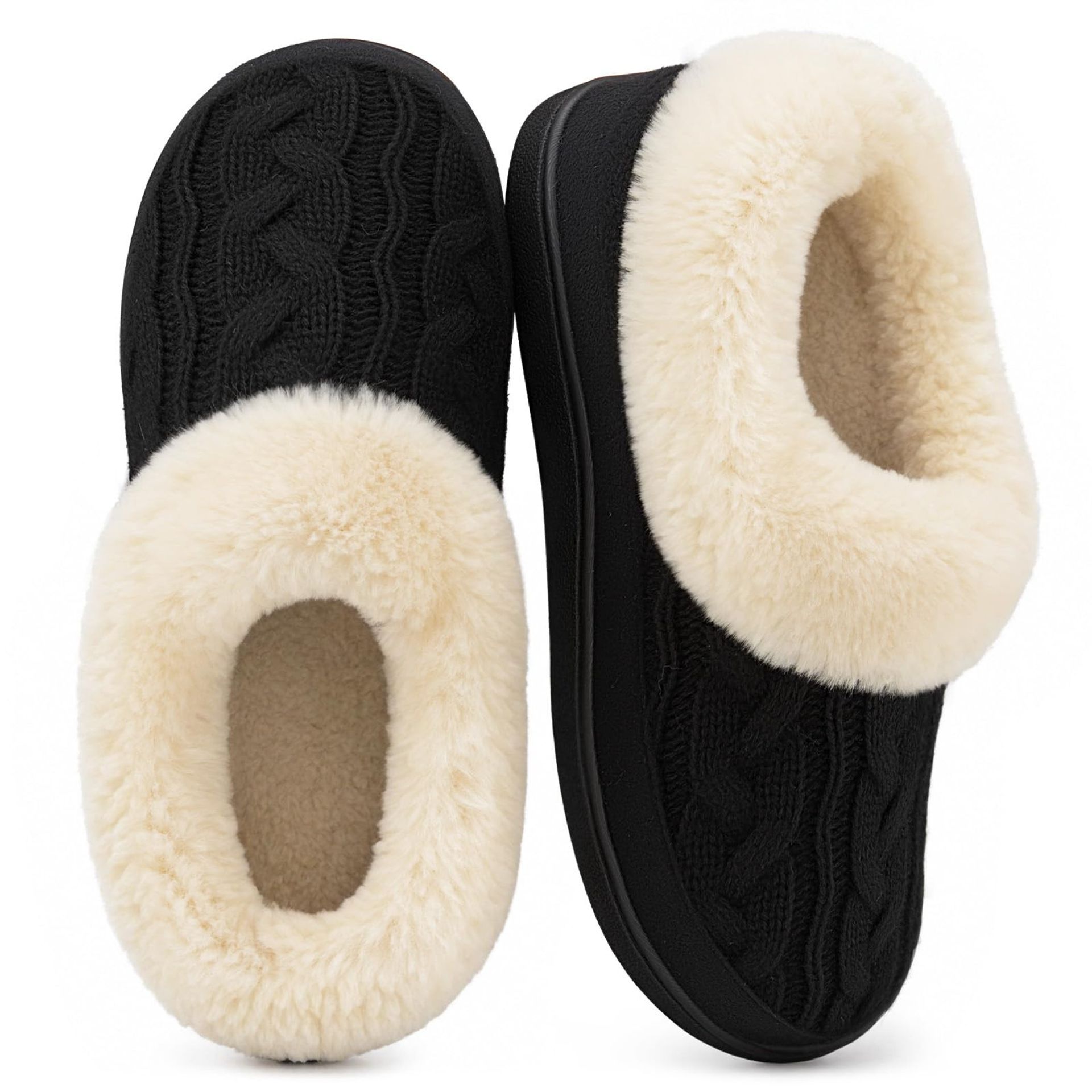 Ladies' Knitted Faux Suede Memory Foam Moc Slippers with Cashmere Collar - Ink Black UK 7