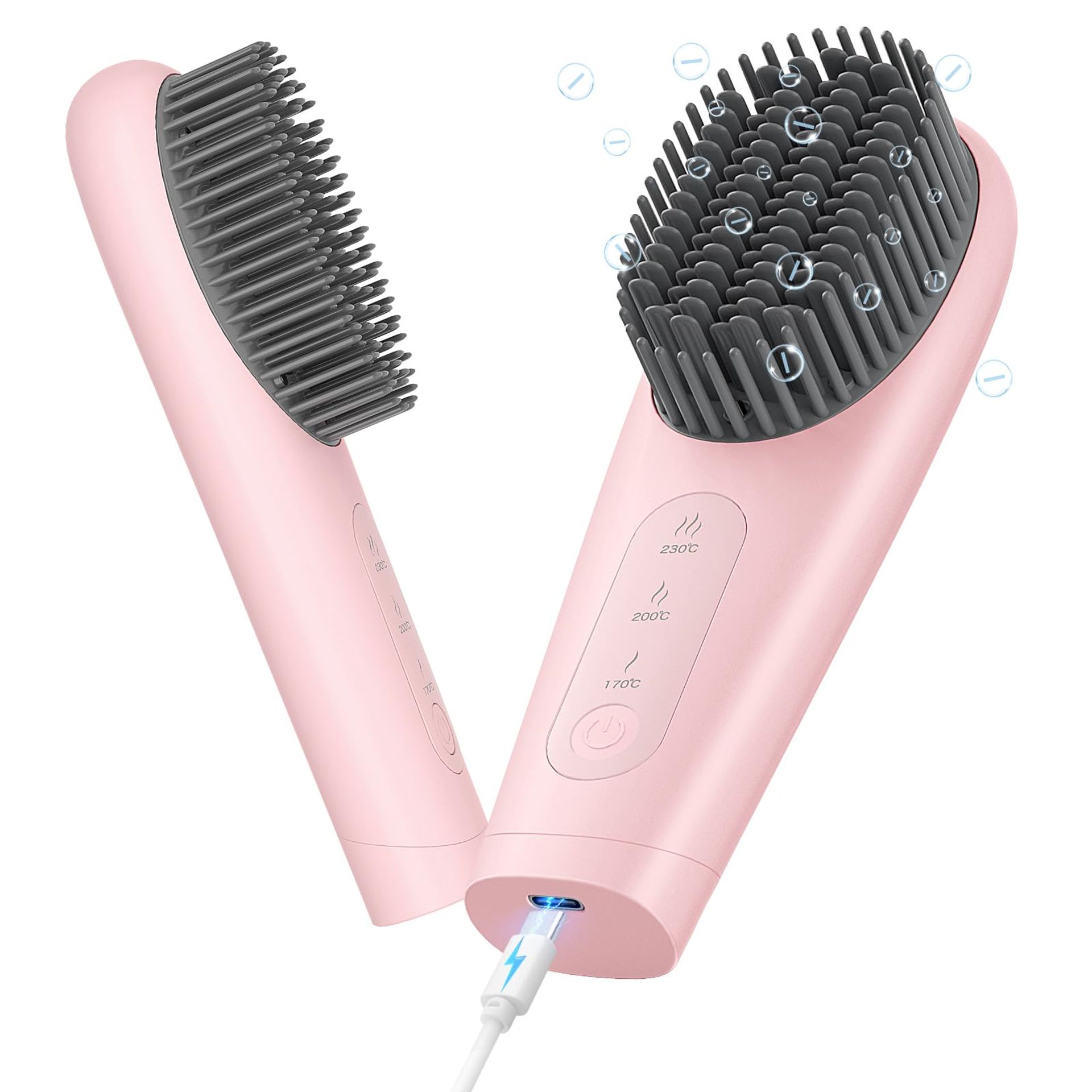 Cordless Hair Straightener Brush 2025 Portable Ionic Hot Comb for Travel with Fast 30s Heat-up, Suitable for Thick, Thin & Curly Hair - Pink