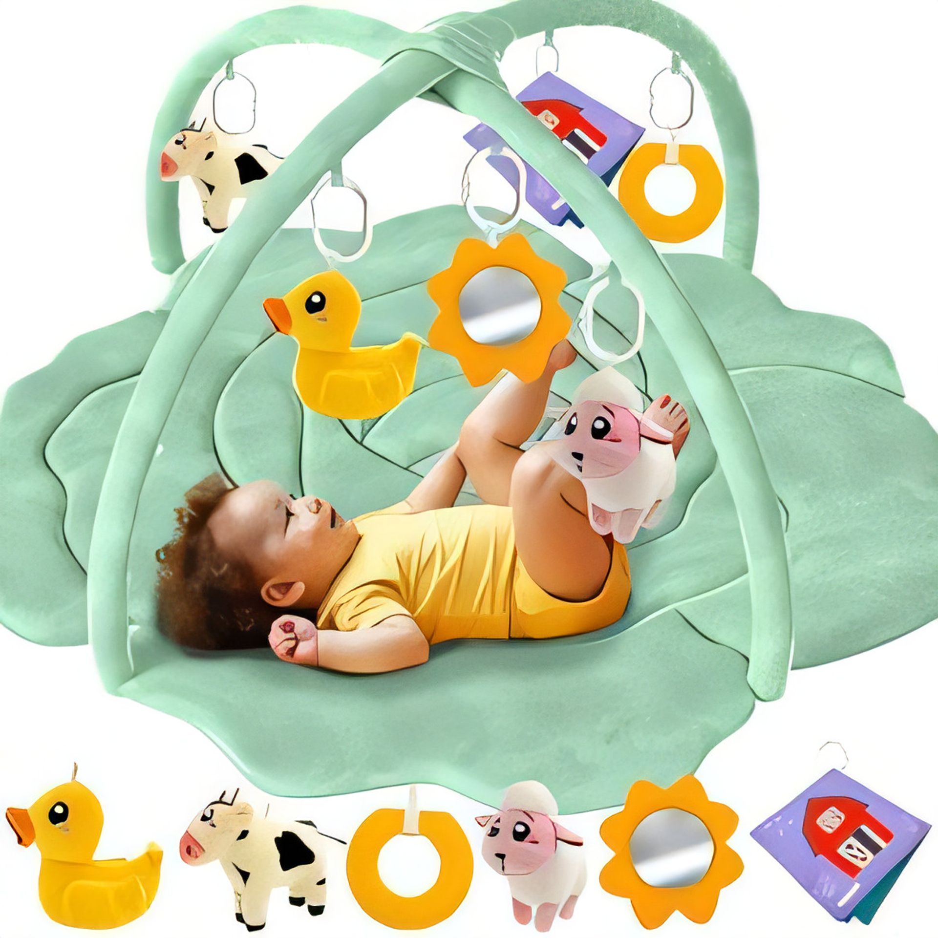 Baby Play Gym Mat with 6 Sensory Toys Tummy Time Cushion Machine Washable - Shaped Cabbage