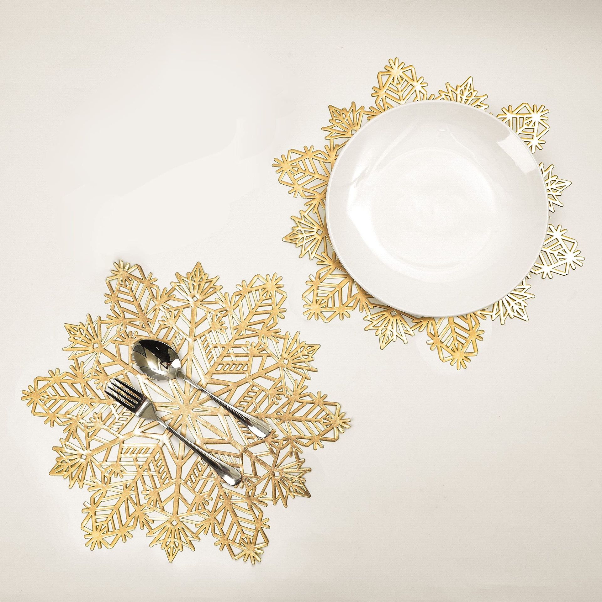 Snowflake Placemats Set of 12 Laminated Metallic Vinyl Round Table Decorations for Christmas and Holiday Dining - Gold 15 Inch
