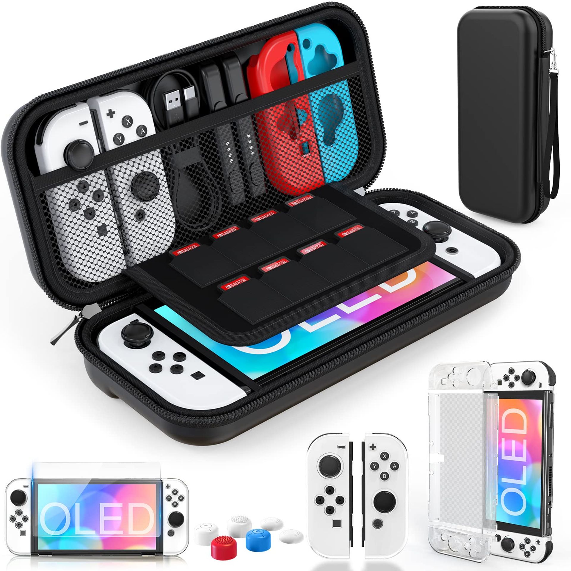 Nintendo Switch OLED Carry Case with Clear Protective Cover, Tempered Glass Screen Protector & 6 Thumb Grip Caps - Black Switch 1 Gen