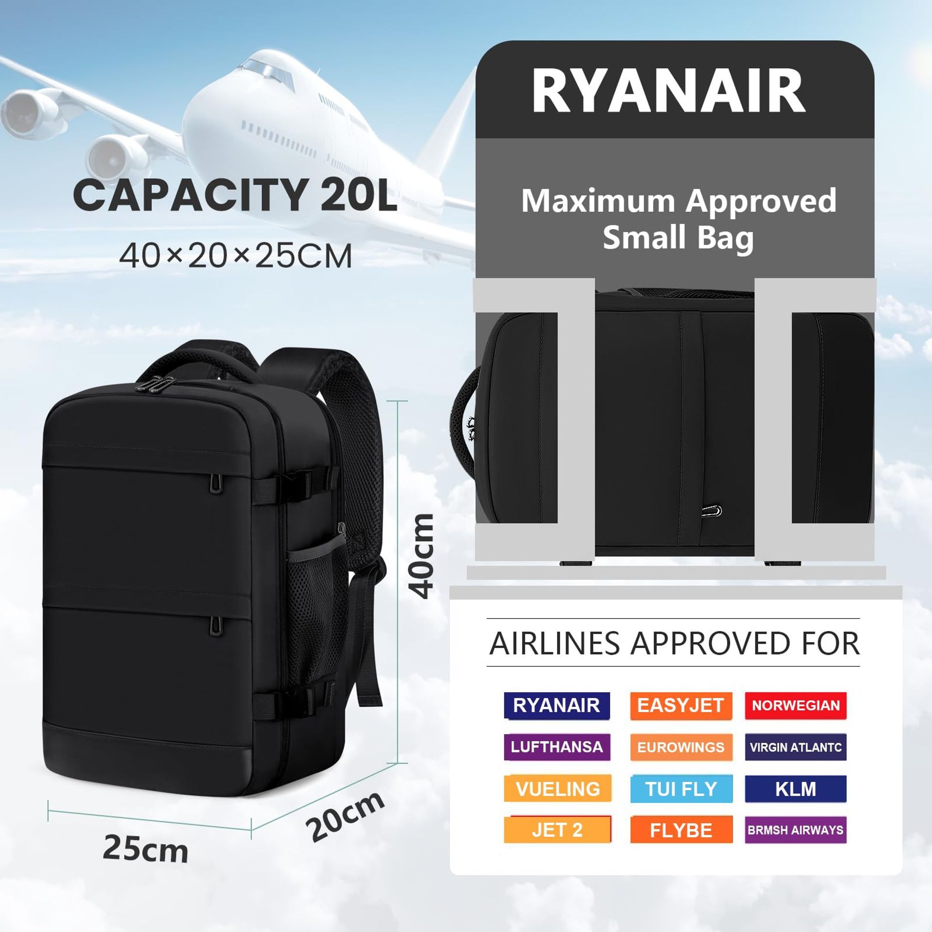Carry On Backpack Under Seat Airline Approved Travel Daypack Waterproof 20L Under Seat Travel Backpack Ryanair 40x20x25 Airplane Travel  main image 3