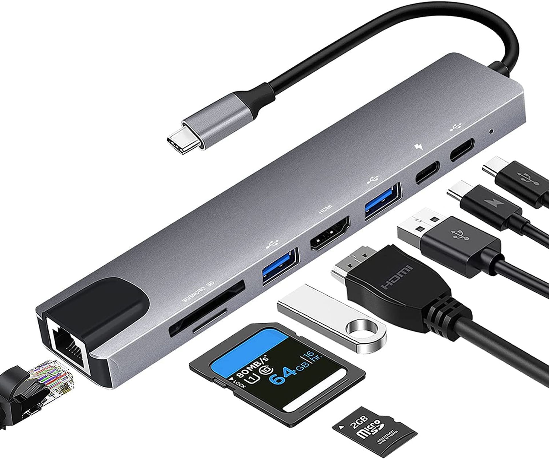 USB C Docking Station 8-in-1 Hub with 4K HDMI, Ethernet, 100W PD, USB 3.0 & SD/TF Card Reader for Laptops - Grey 2024