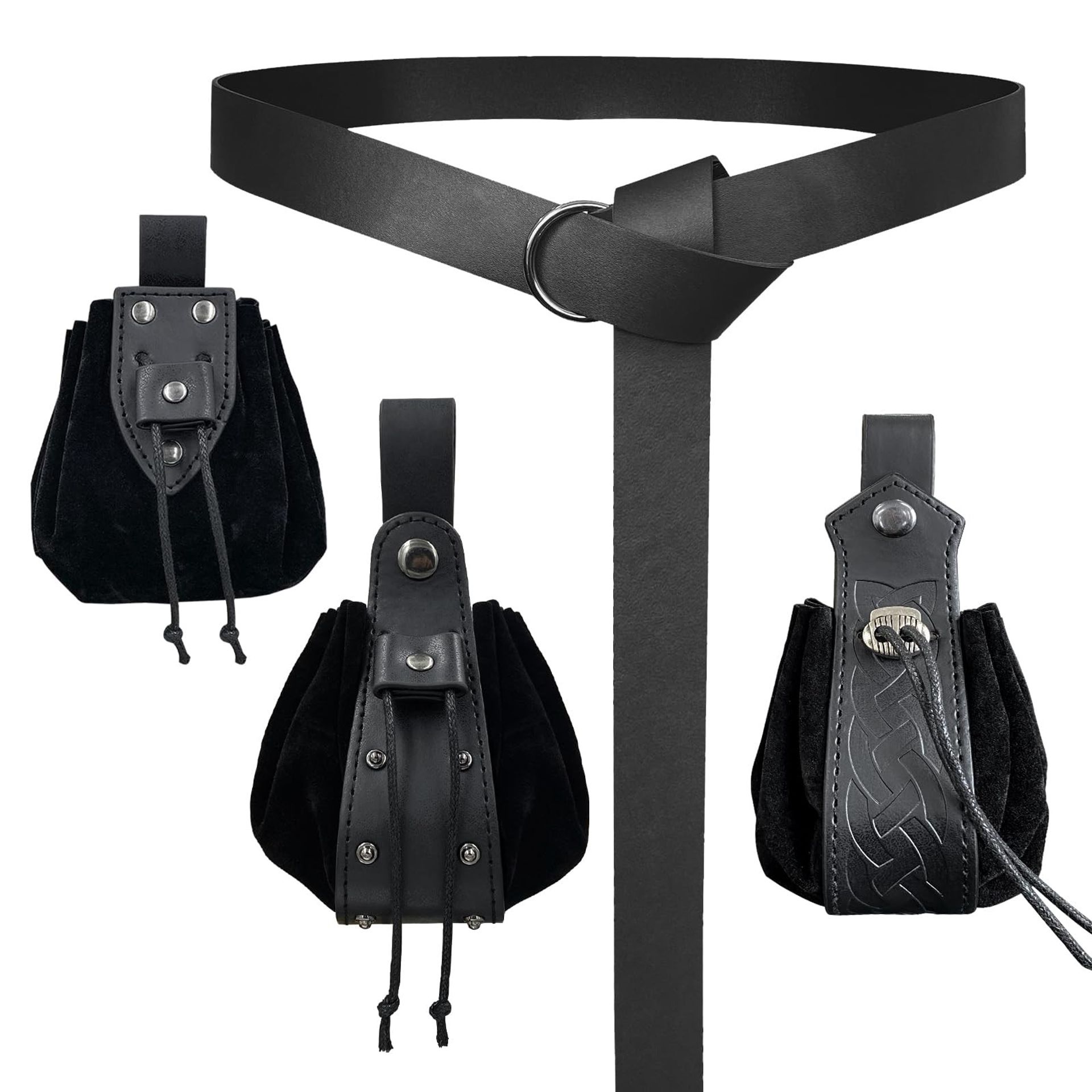 Medieval O-Ring Belt and Drawstring Pouch Set Faux Leather for LARP and Cosplay - Black A Standard Size
