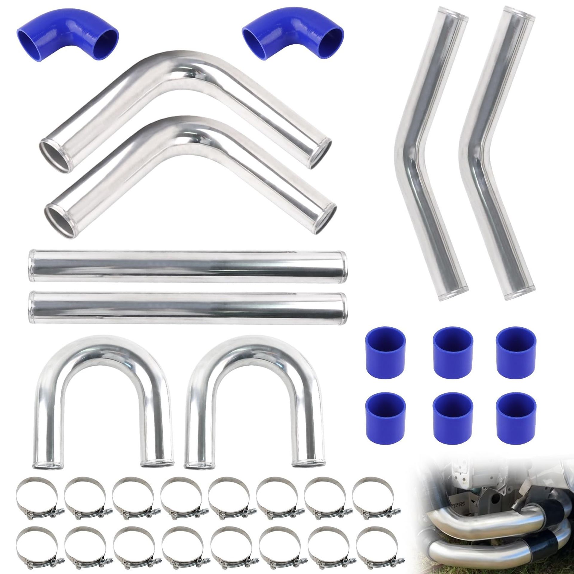 2.5" Universal Turbo Intercooler Piping Kit Aluminum with Silicone Hoses & T-Clamps for Car Modifications - Metallic 2.5 inches